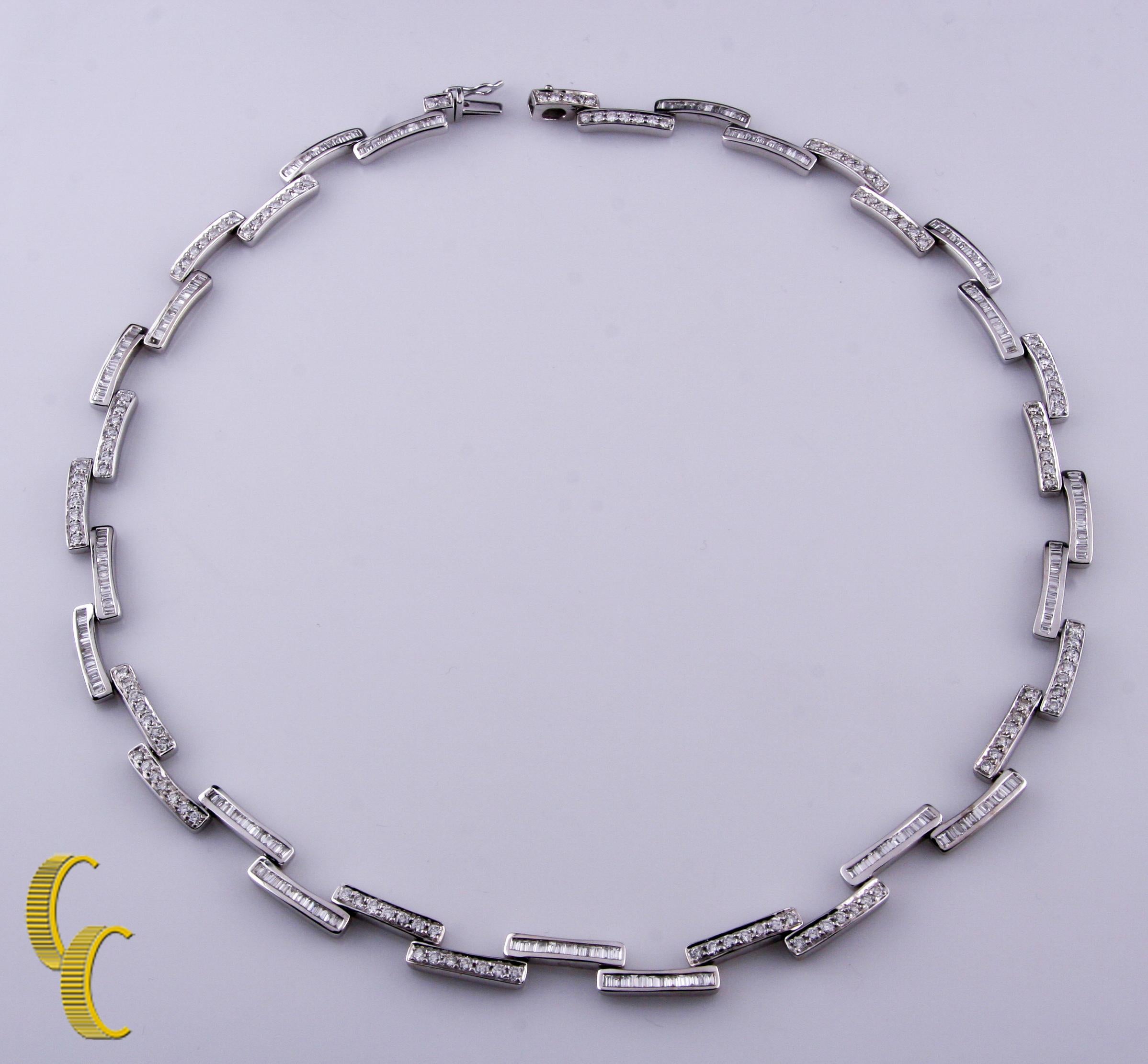 Gorgeous 18k White Gold Diamond Necklace
Features Alternating Bars of Gold with Pave-Set Round Diamonds and Channel-Set Baguette Diamonds
Pattern Alternates Two Bars of Each
Total Diamond Weight = 7.50 ct
Total Length = 16.5