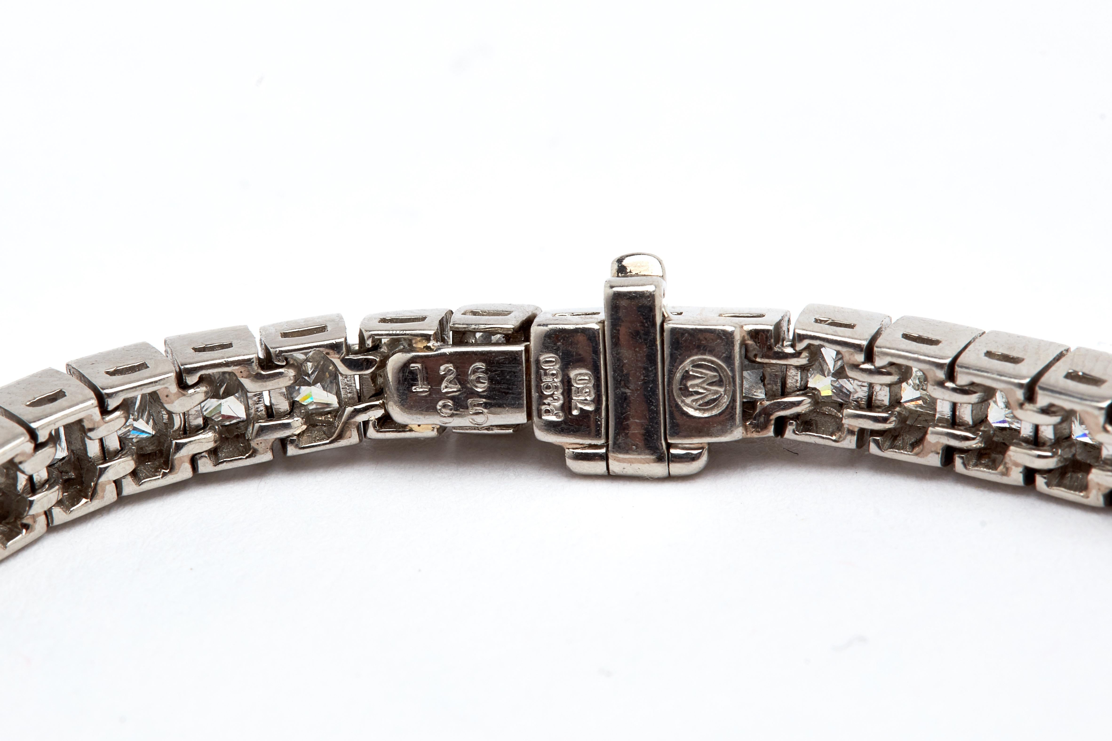 Platinum bracelet with  aprox 7.50 carats of white princess cut diamonds. 58 stones. 