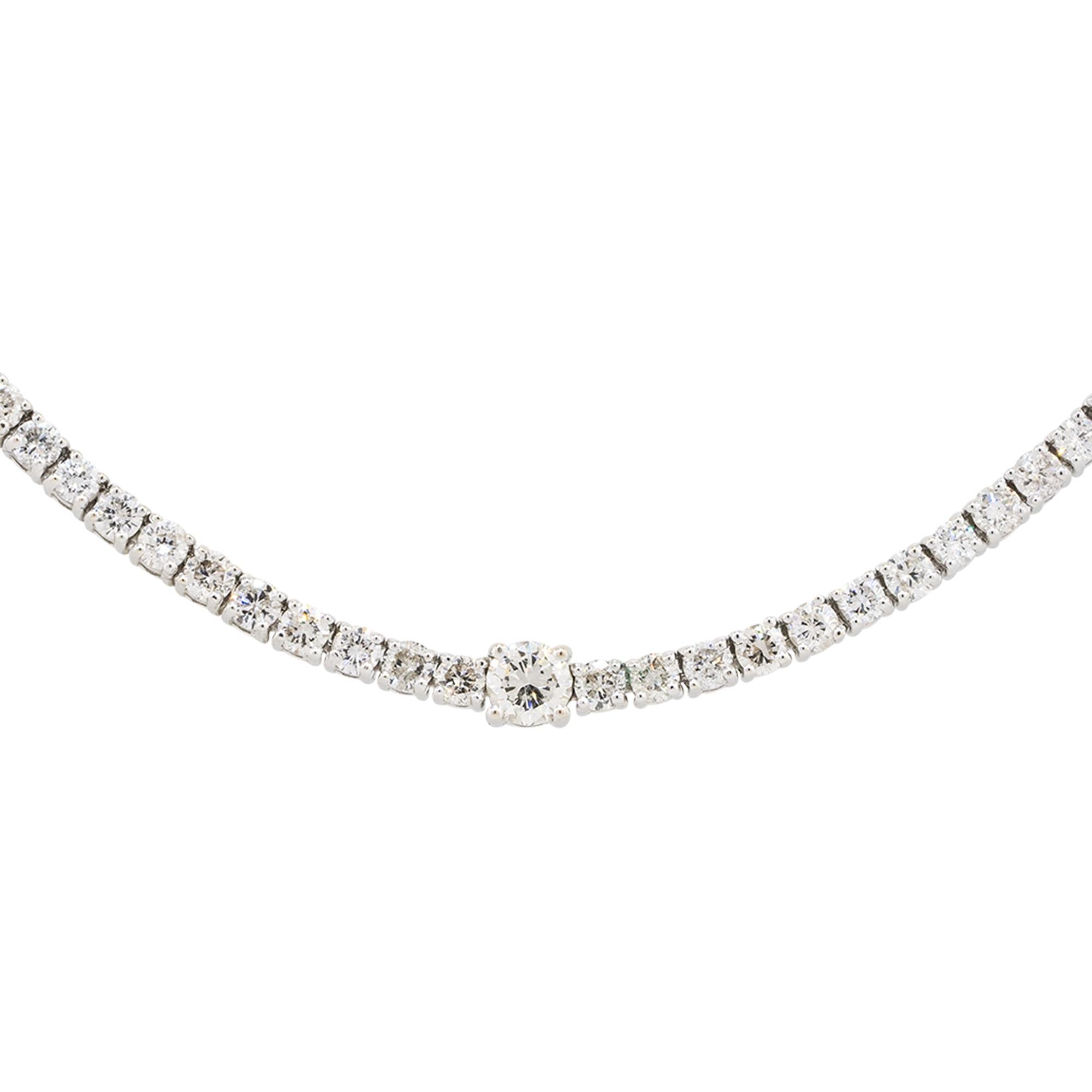 Material: 14k white gold
Diamond Details: Approx. 7.50ctw of round cut Diamonds. Diamonds are G/H in color and VS in clarity
Clasps: Tongue in box
Total Weight: 14.7g (9.4dwt)
Length: 18