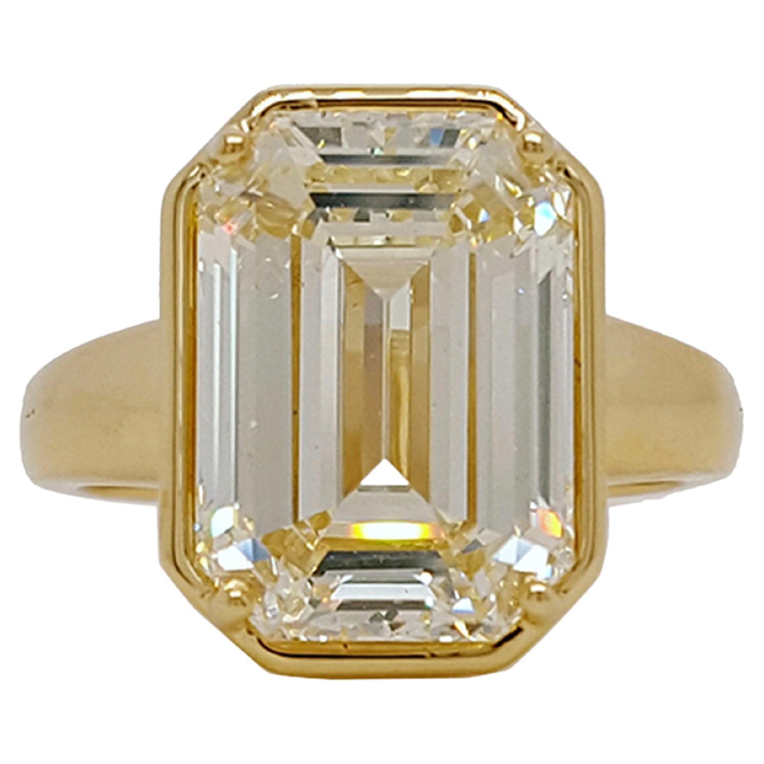 7.50 Carat Emerald Cut Diamond Set in 18K Gold Bezel Engagement Ring GIA Report For Sale