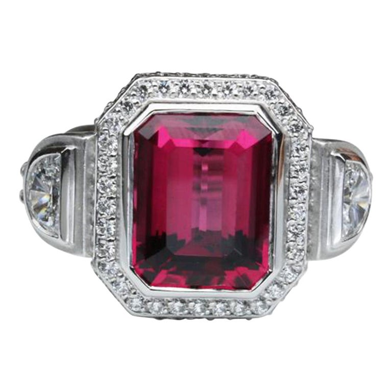 7.50 Carat Emerald Cut Rubelite Diamond Gold Ring Estate Fine Jewelry