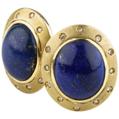 7.50 Carat Lapis Lazuli Cabochon Earrings with Diamond Accents in Yellow Gold