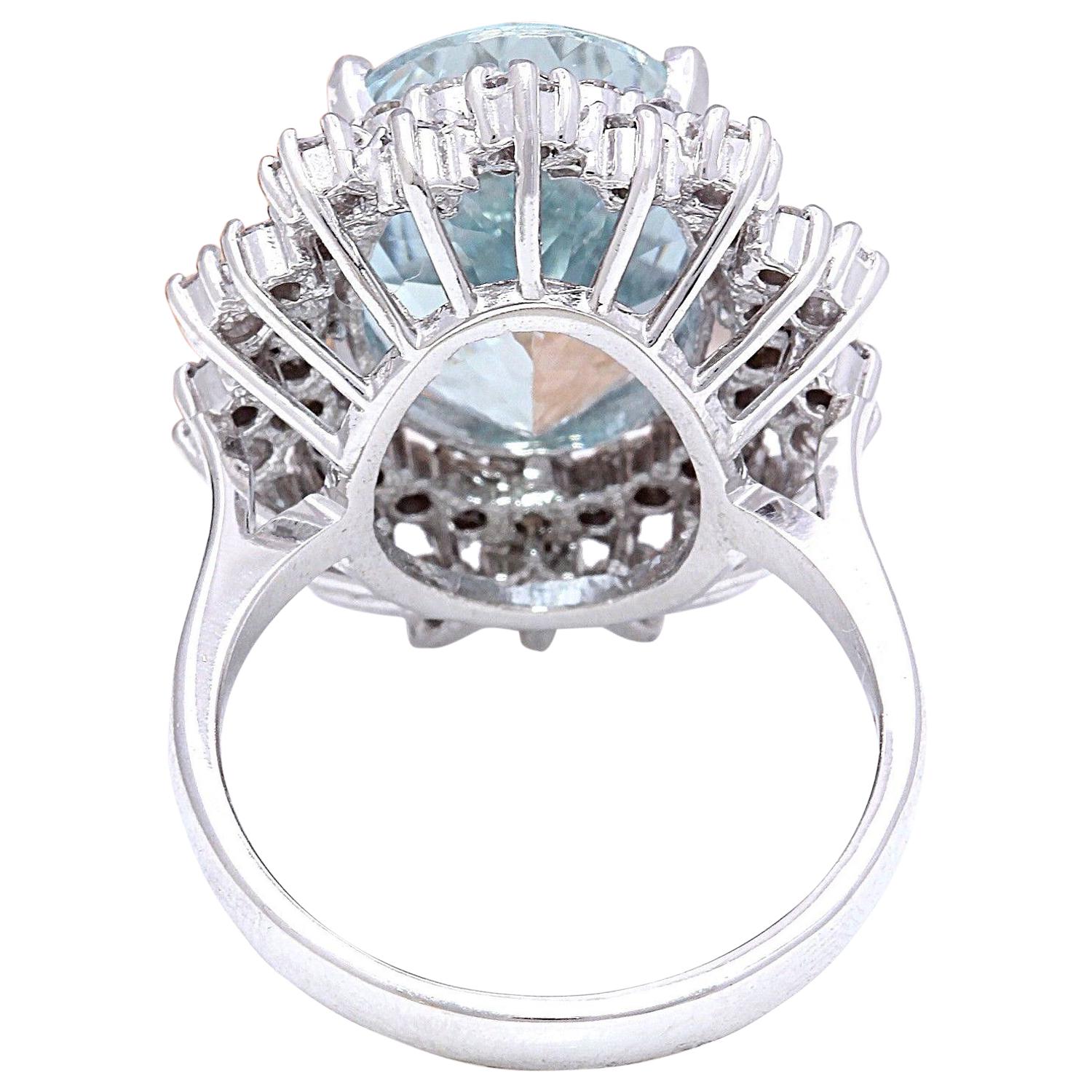 Oval Cut Aquamarine Diamond Ring In 14 Karat Solid White Gold For Sale