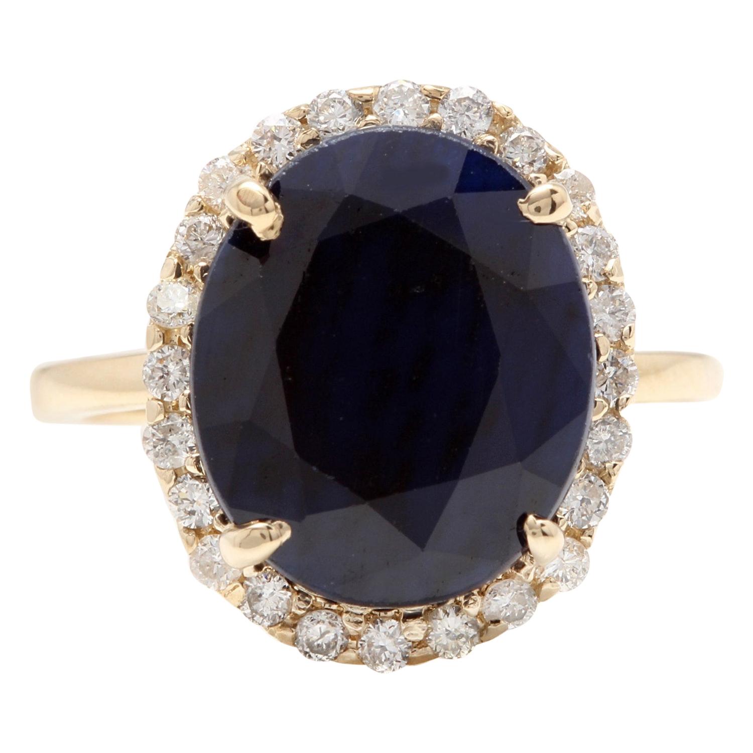 7.50 Carat Natural Blue Sapphire and Diamond 14 Karat Solid Yellow Gold Ring For Sale