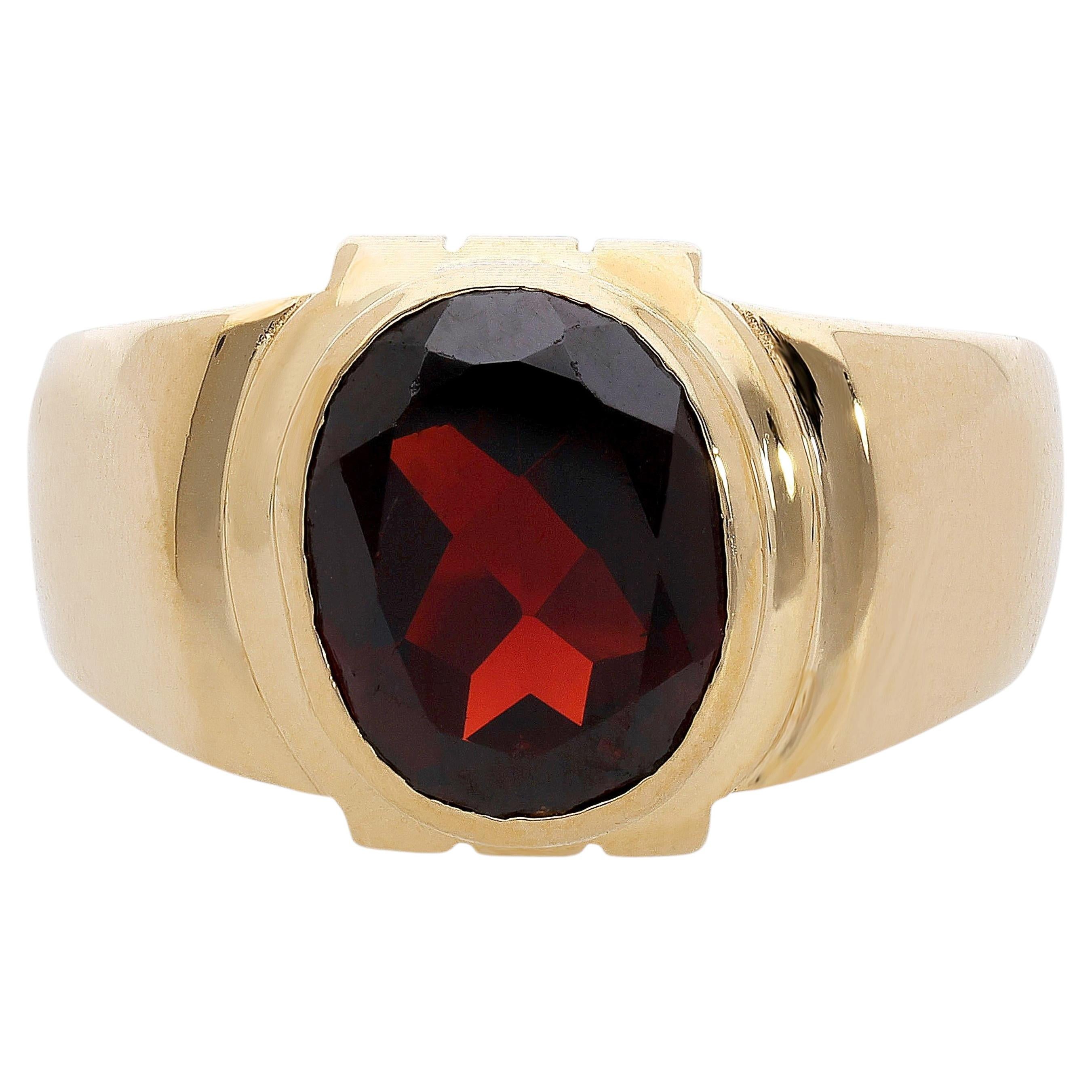 7.50 Carat Oval Checkerboard Red Garnet Bezel 14K Yellow Gold Mens Signet Ring