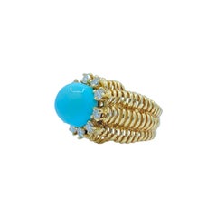 7.50 Carat Persian Turquoise and Diamond Basketweave Design 18k Yellow Gold Ring