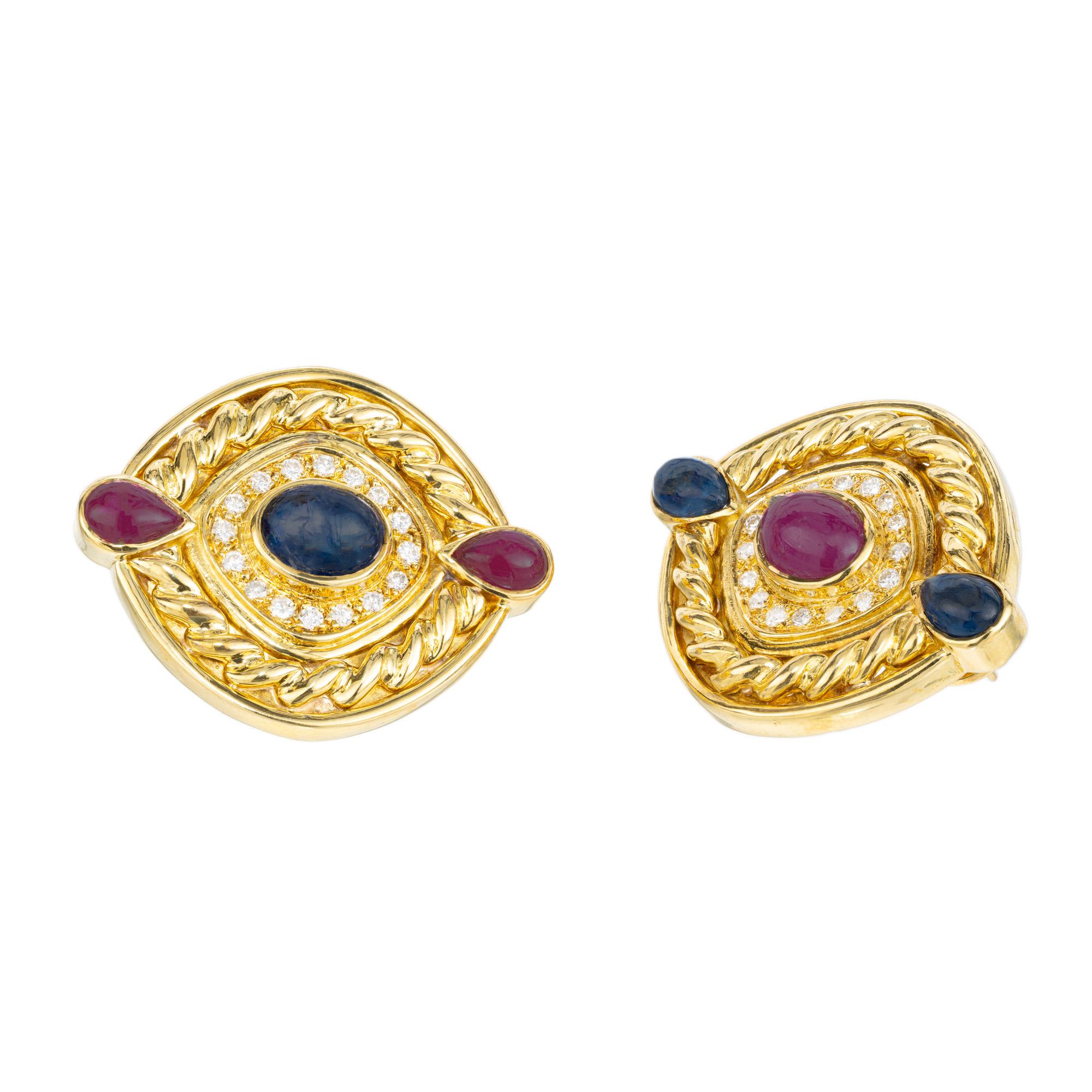 Oval Cut 7.50 Carat Ruby Sapphire Diamond Swirl Button Gold Clip Post Earrings For Sale