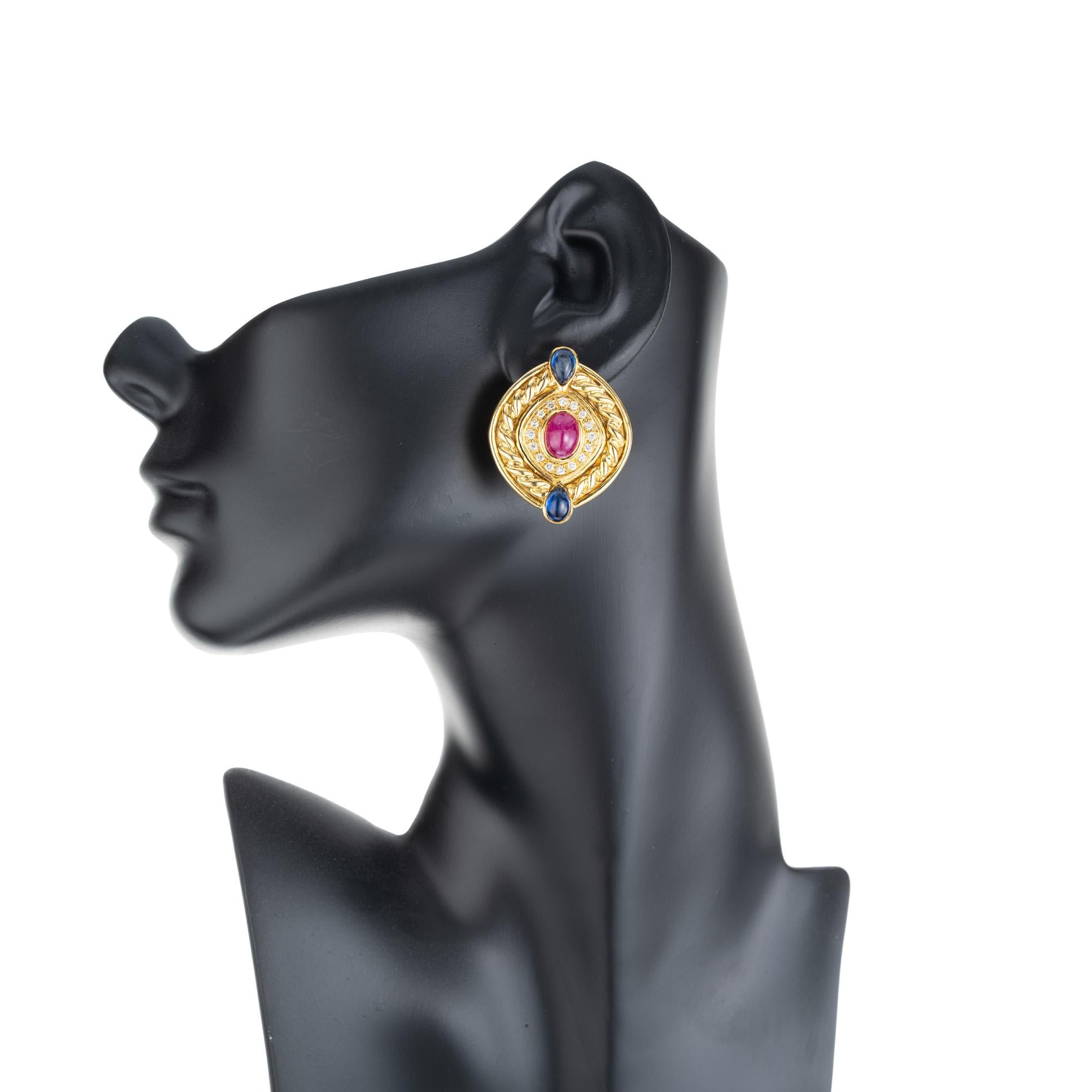 7.50 Carat Ruby Sapphire Diamond Swirl Button Gold Clip Post Earrings In Good Condition For Sale In Stamford, CT