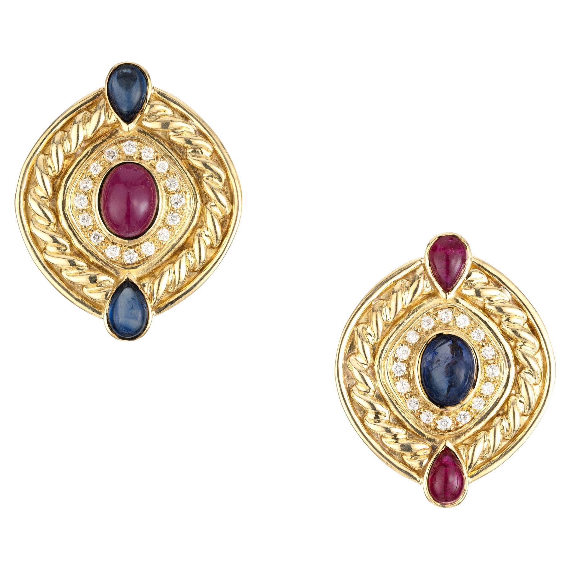7.50 Carat Ruby Sapphire Diamond Swirl Button Gold Clip Post Earrings For Sale