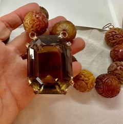 750 Carat Smoky Topaz Antique Carved Jade Necklace Estate Mary Lou Daves