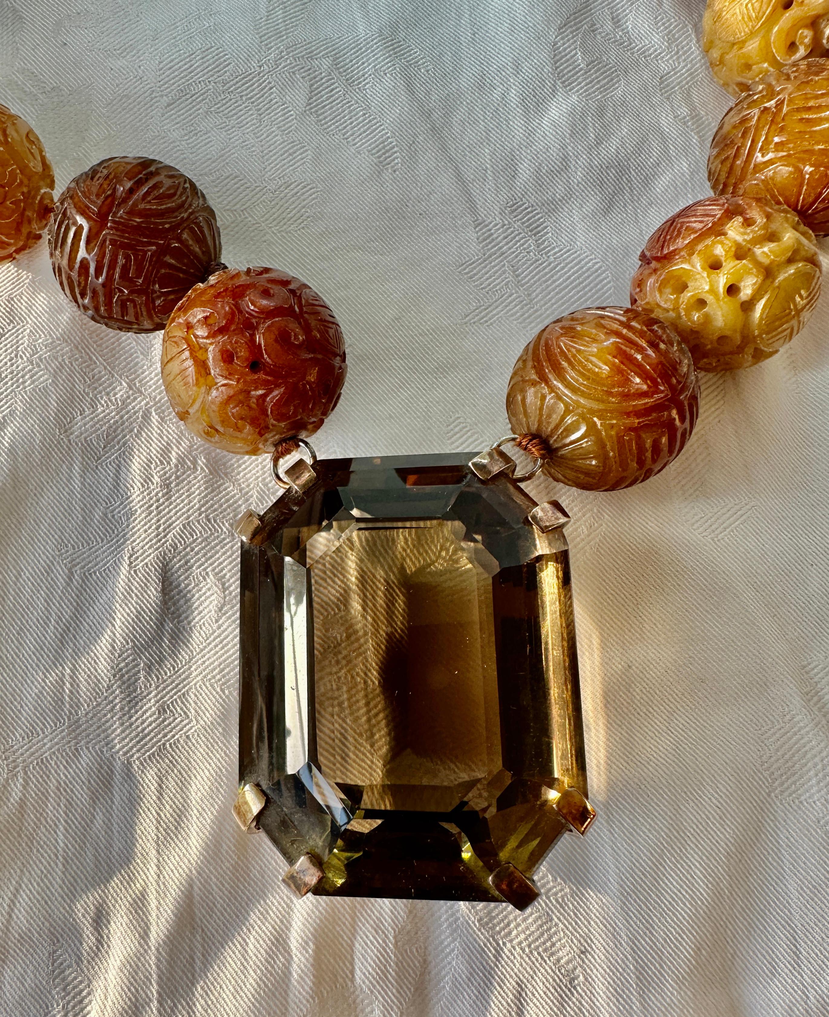 750 Carat Smoky Topaz Antique Carved Jade Necklace Estate Mary Lou Daves In Good Condition For Sale In New York, NY