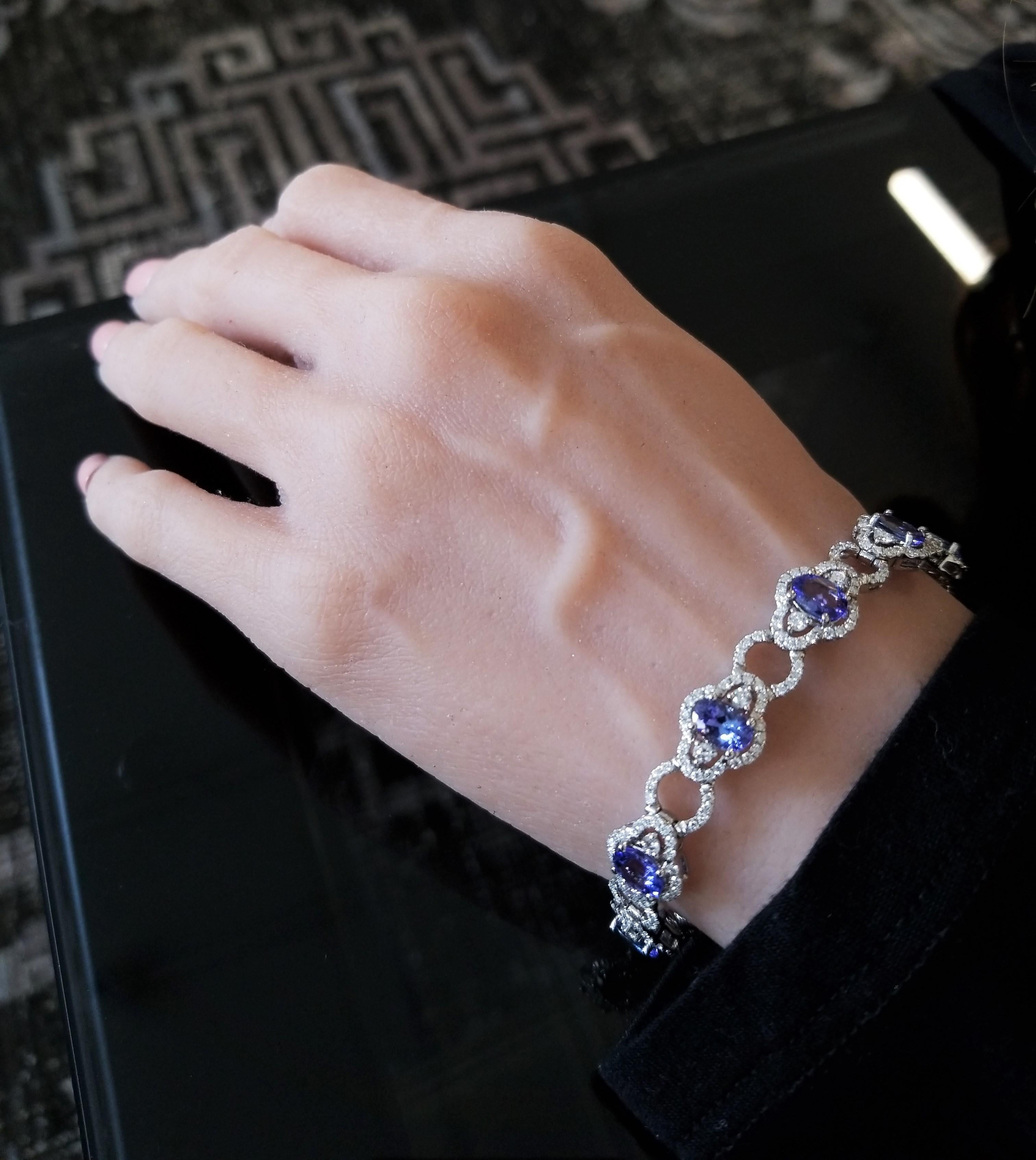 Oval Cut 7.50 Carat Total Oval Tanzanite and Diamond Bracelet in 18 Karat White Gold