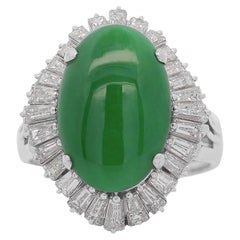 7.50 Carat Untreated Oval Green Jadeite with Baguette Diamonds in Platinum Ring