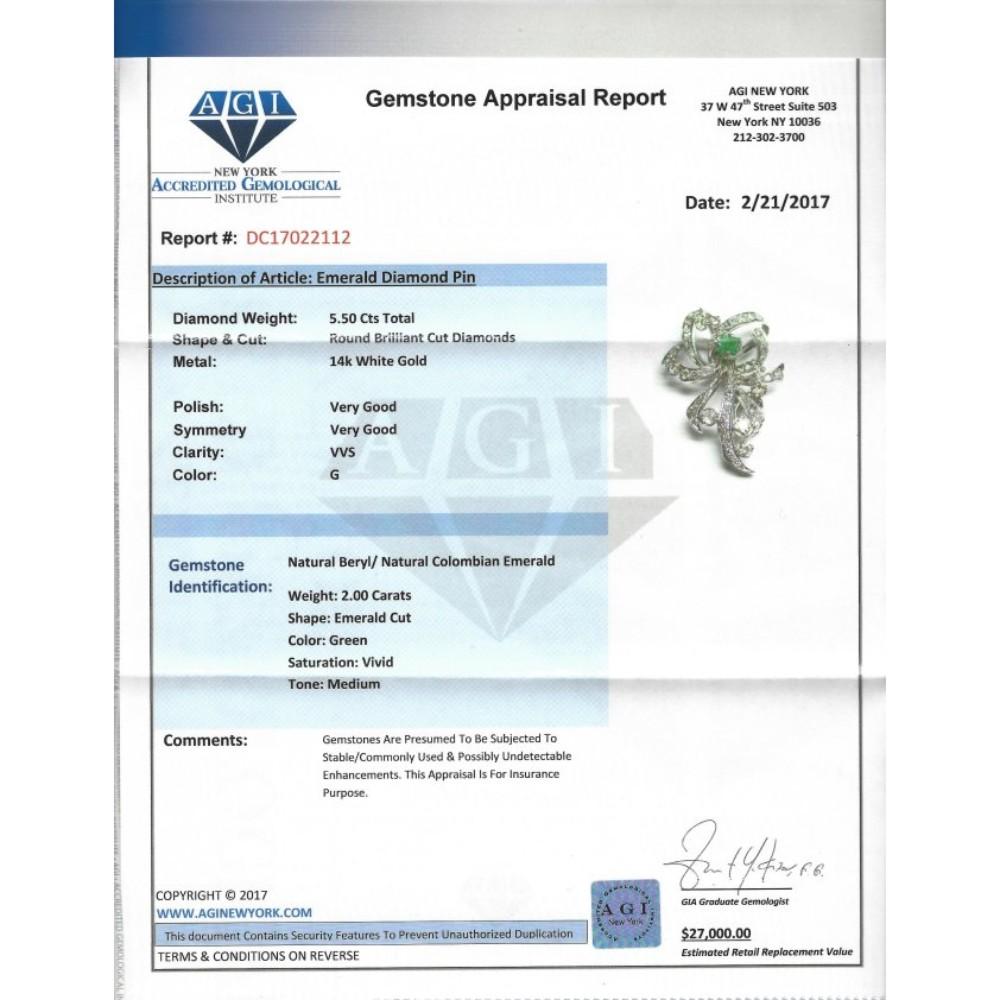 7.50 Carat VVS Diamond and Colombian Emerald Pin For Sale 2