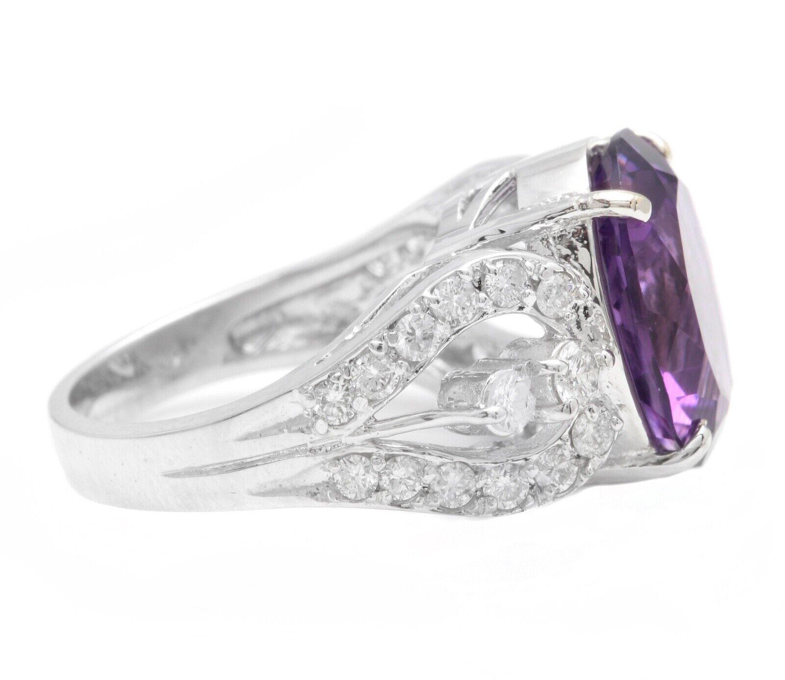 Mixed Cut 7.50 Carats Natural Amethyst and Diamond 14K Solid White Gold Ring For Sale