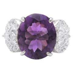 7.50 Carats Natural Amethyst and Diamond 14K Solid White Gold Ring