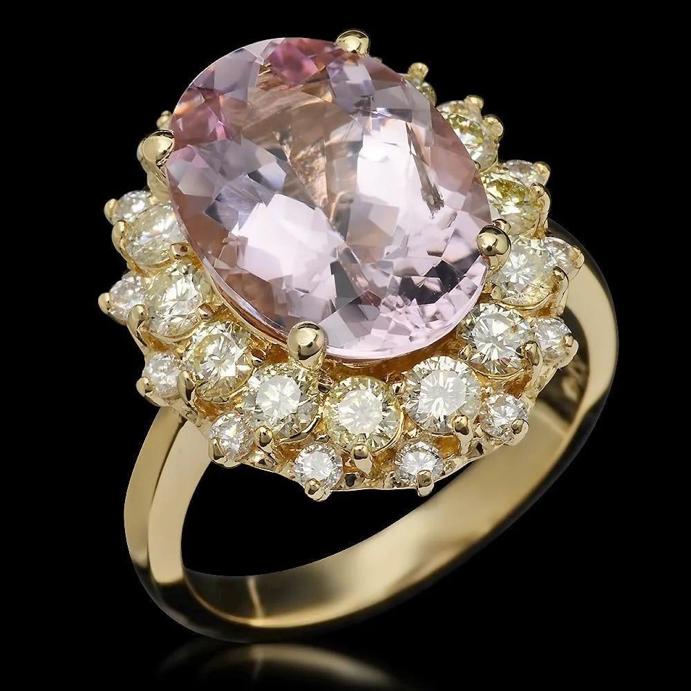 Mixed Cut 7.50 Carats Natural Kunzite and Diamond 14K Solid Yellow Gold Ring For Sale