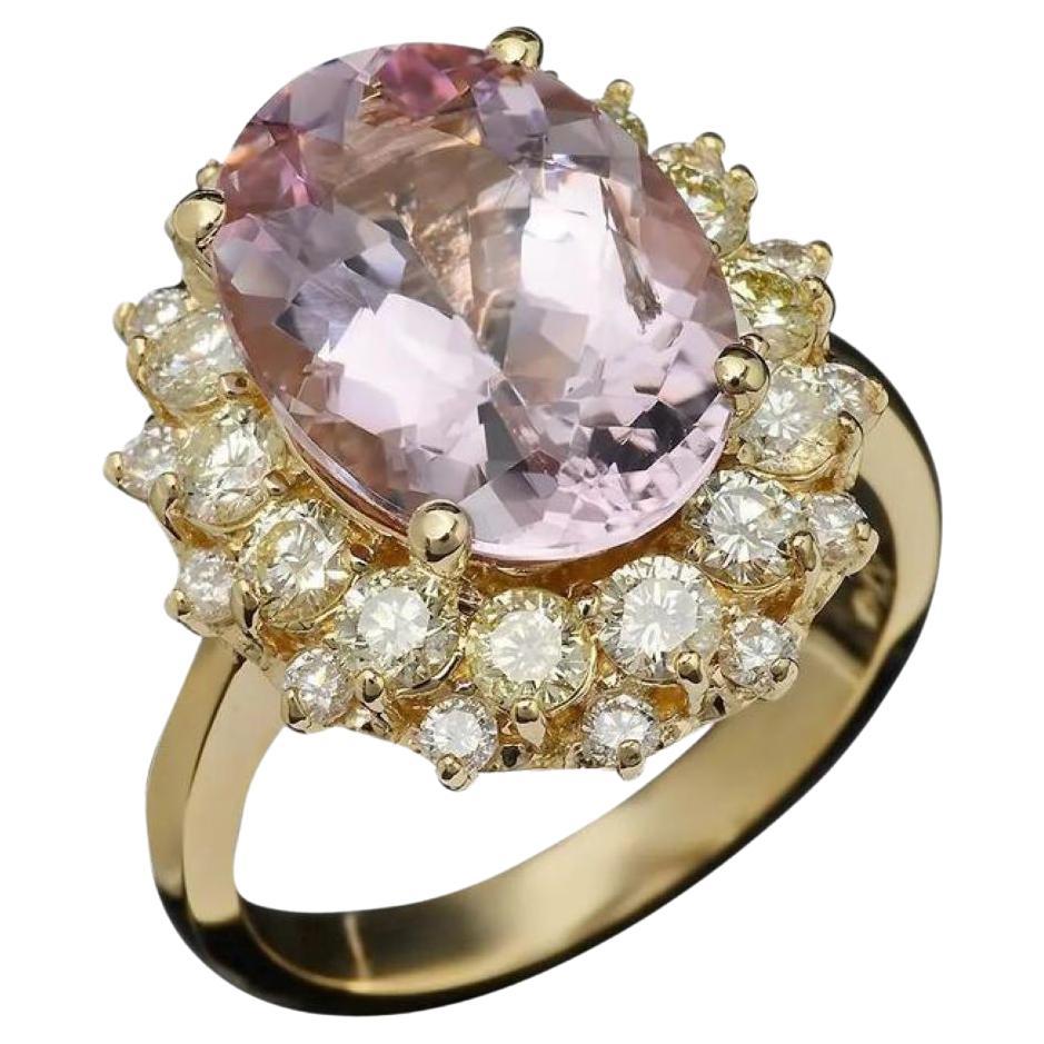 7.50 Carats Natural Kunzite and Diamond 14K Solid Yellow Gold Ring For Sale