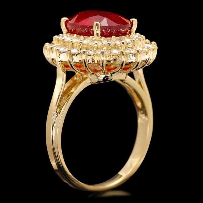 7.50 Carats Natural Red Ruby and Diamond 14K Solid Yellow Gold Ring

Total Red Ruby Weight is: Approx. 6.10 Carats

Ruby Measures: Approx. 11.00 x 9.00mm

Ruby treatment: Fracture Filling

Natural Round Diamonds Weight: Approx. 1.40 Carats (color