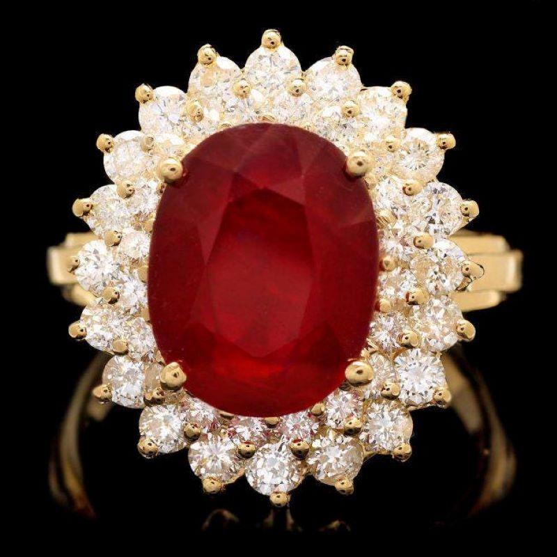 Mixed Cut 7.50 Carats Natural Red Ruby and Diamond 14K Solid Yellow Gold Ring For Sale
