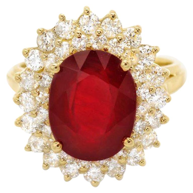 7.50 Carats Natural Red Ruby and Diamond 14K Solid Yellow Gold Ring For Sale