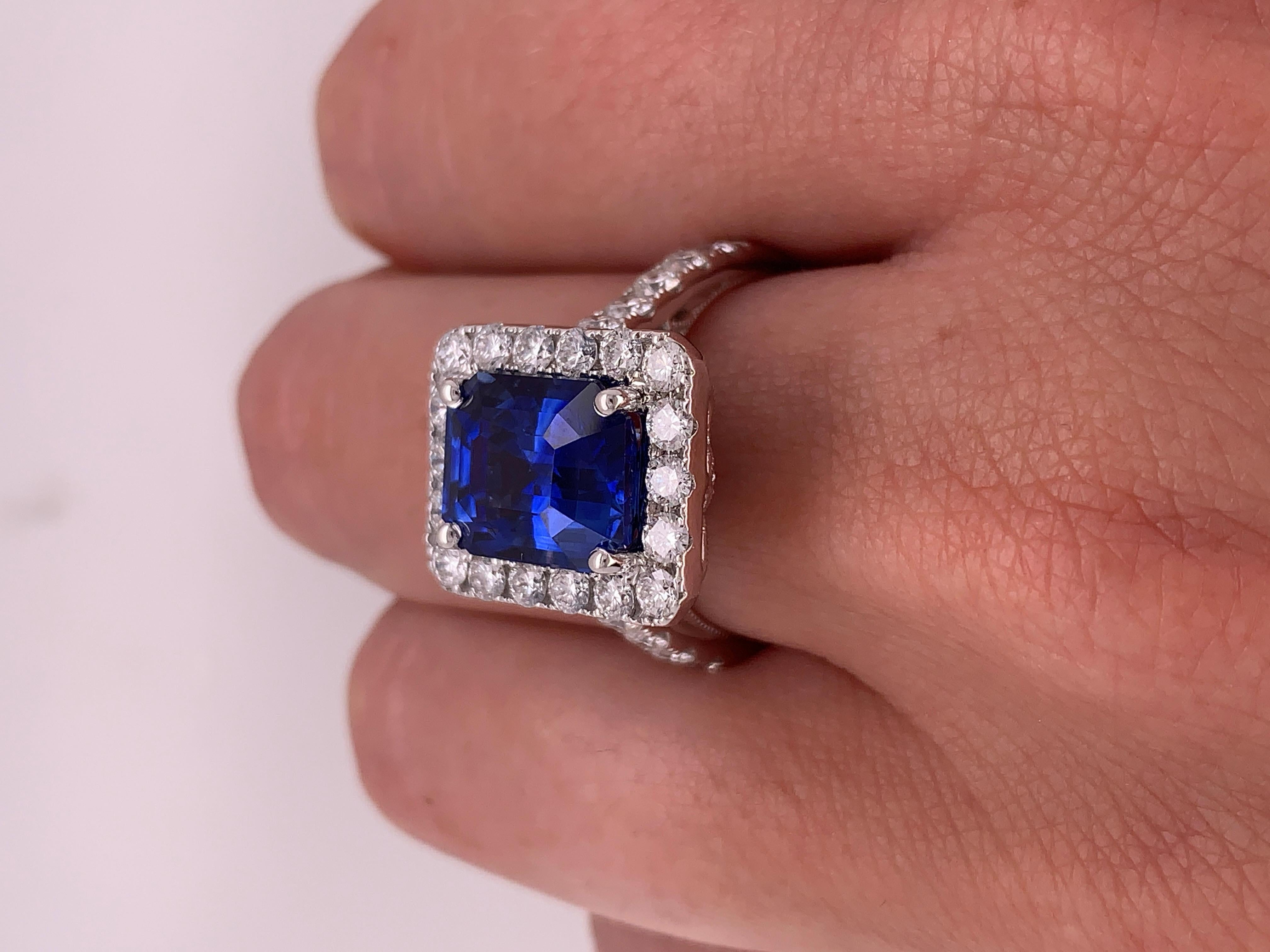 Women's or Men's 7.50 Carat Royal Blue Emerald Cut Sapphire Diamond Ring For Sale