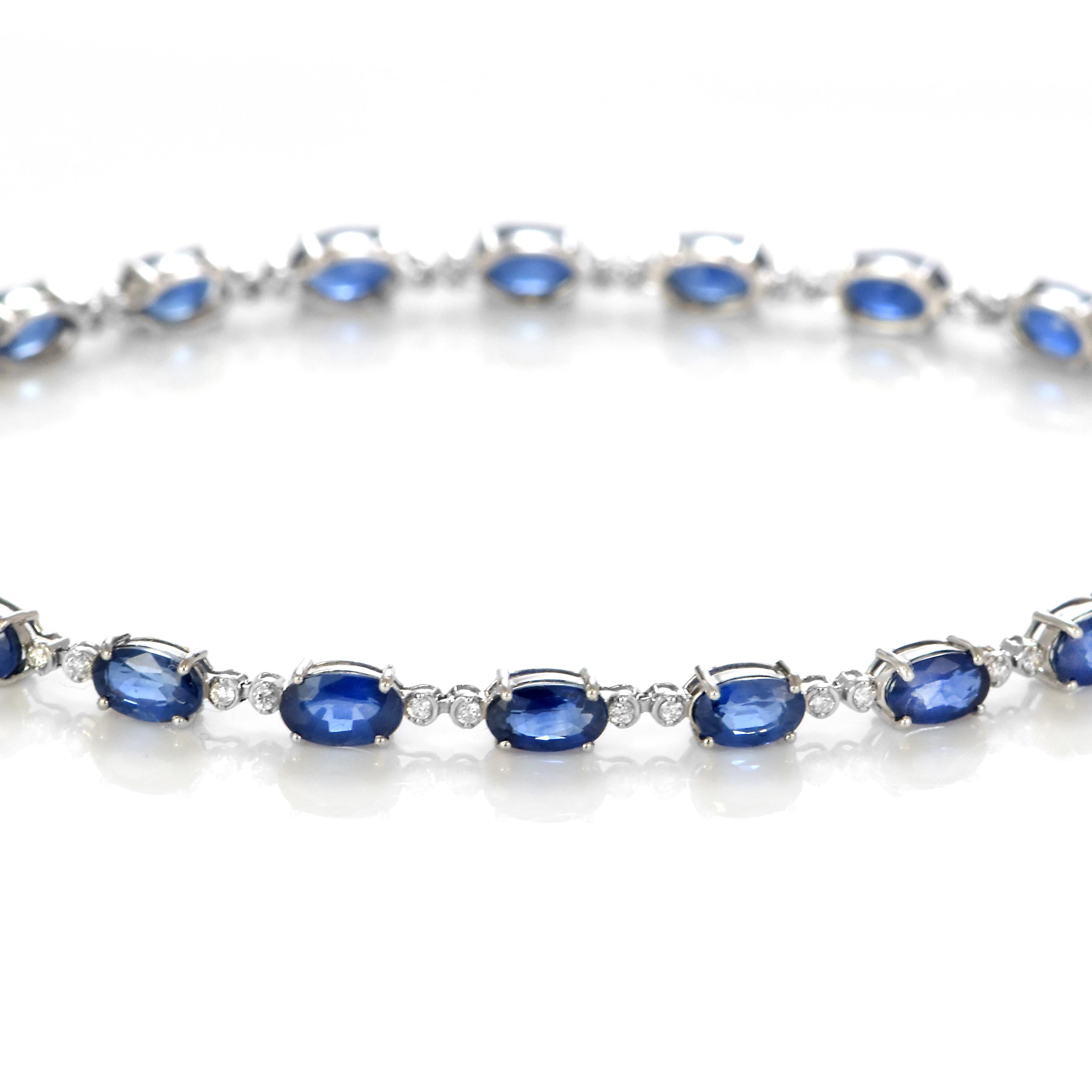 Oval Cut 7.50 Carats Royal Blue Sapphire and Diamond Tennis Bracelet Made in Platinum For Sale