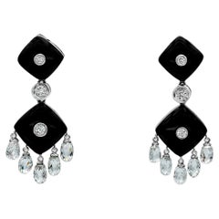 7.50 Carats Total Black Onyx with Briollete Cut Diamonds Fashion Drop Earrings