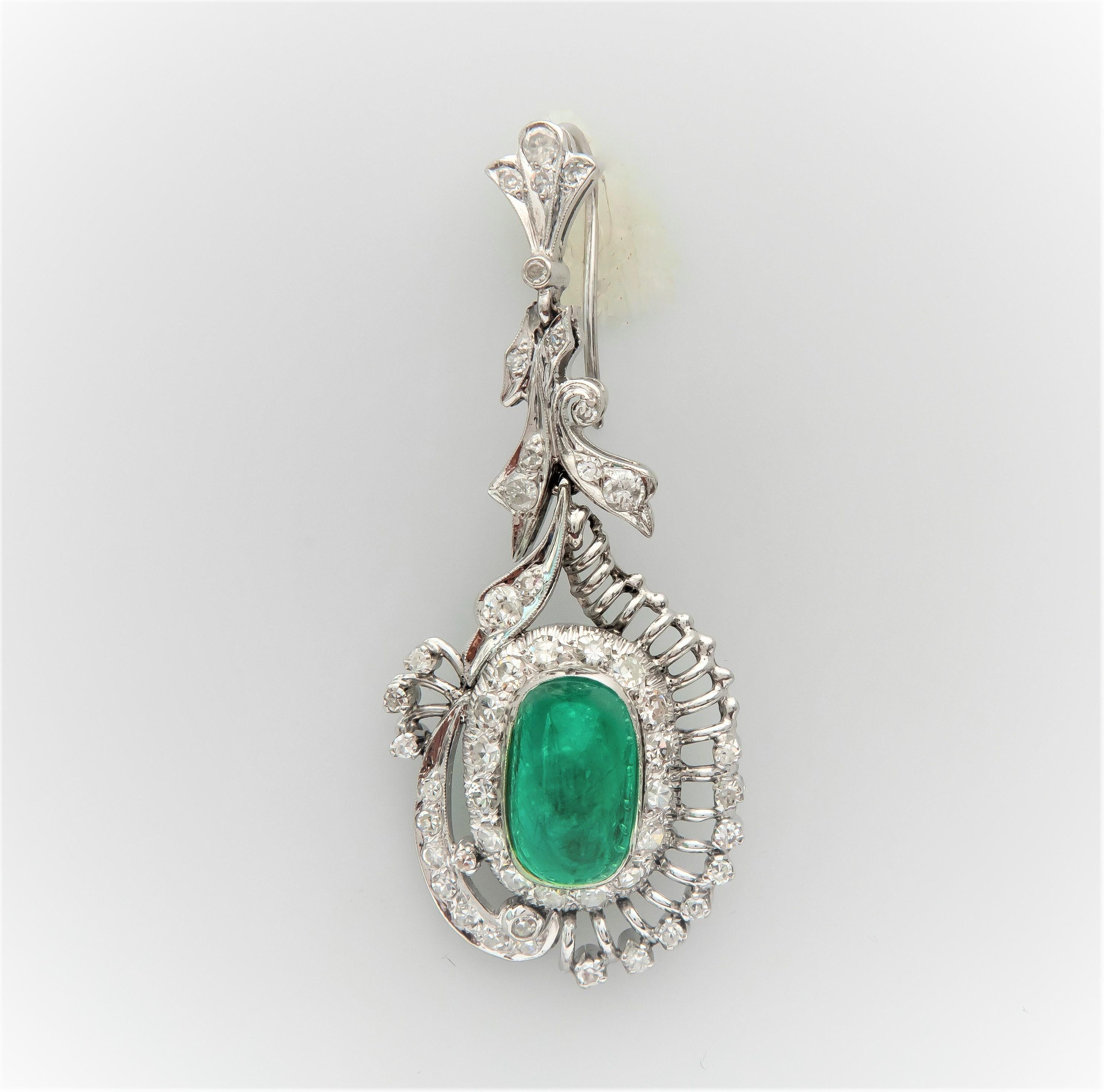 Women's 7.50 Carat Total Vintage Cabochon Emerald and Diamond Dangle Earrings