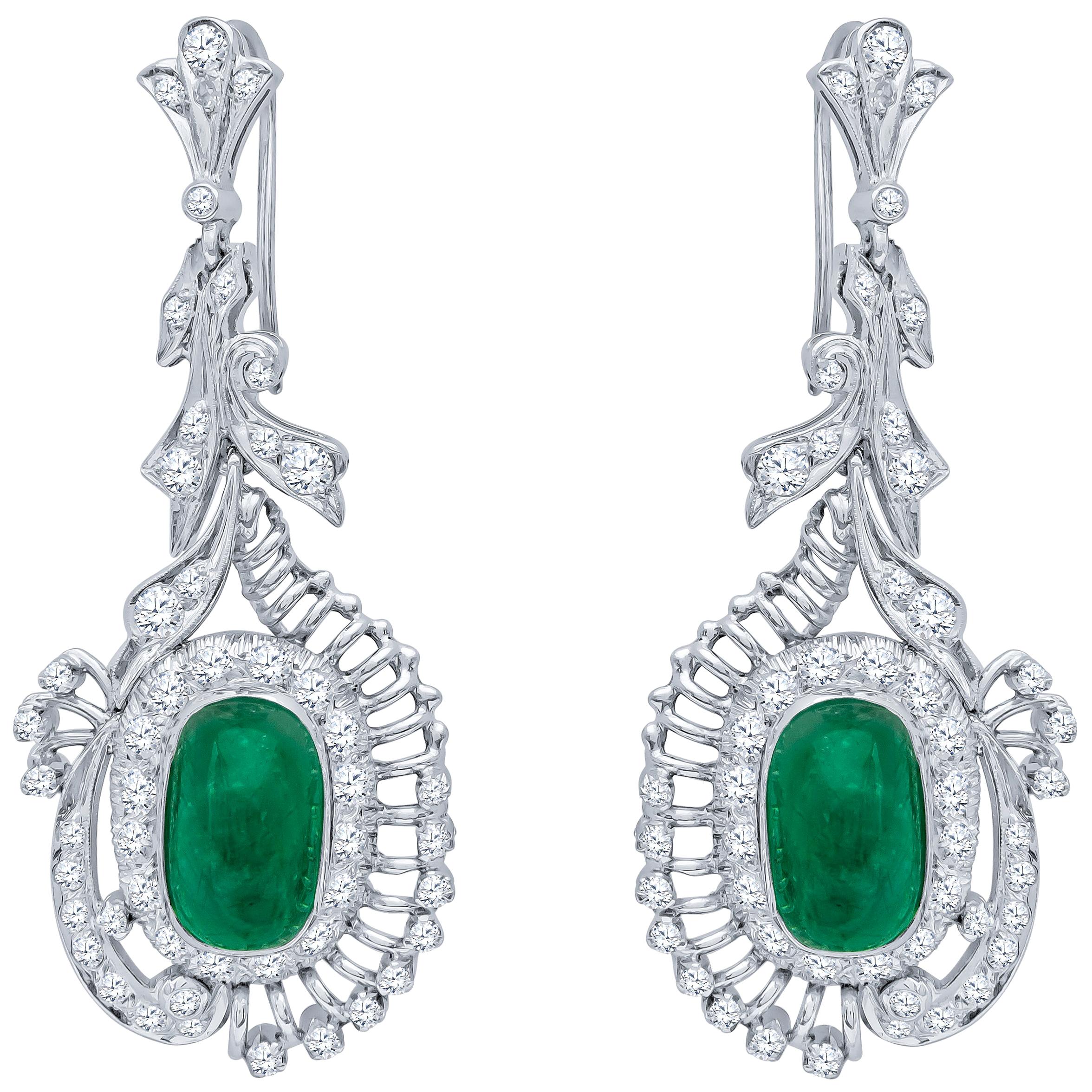 7.50 Carat Total Vintage Cabochon Emerald and Diamond Dangle Earrings