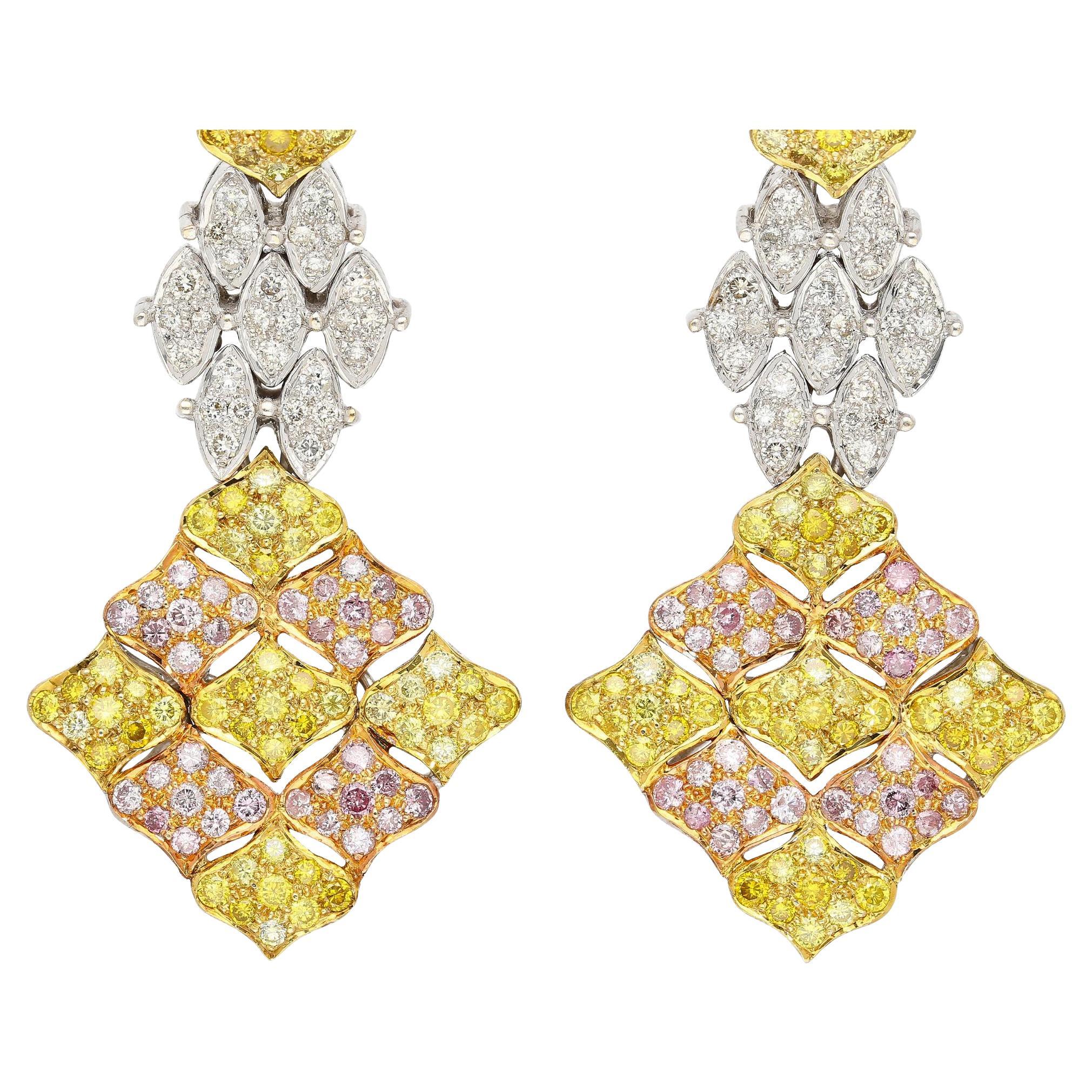 7.50 Carats Tricolor Diamond Drop Earrings in 18K White, Yellow & Rose Gold. Mounted with pave set natural pink, white, and yellow diamonds that correspond with each gold tone. 

Details: 
Item Type: Earrings
Metal: 18K White Yellow Rose