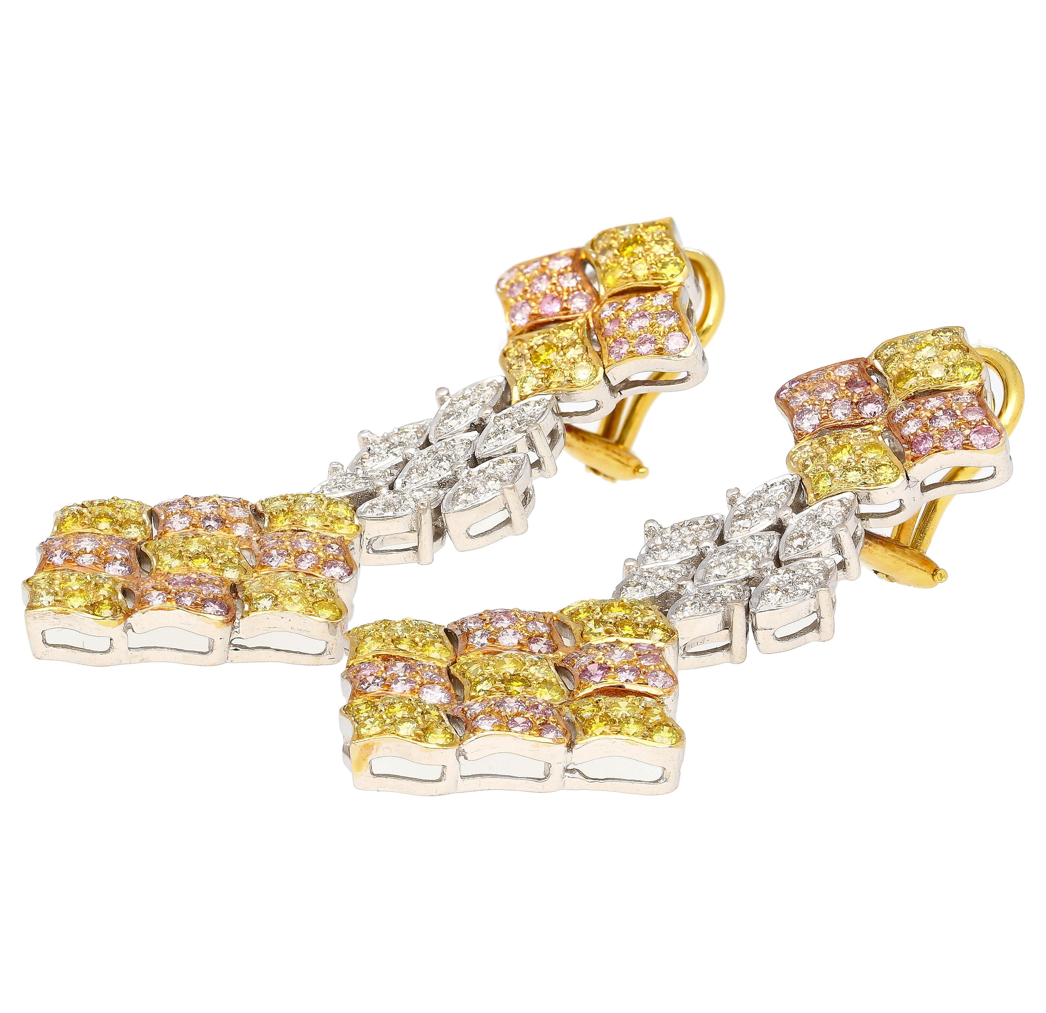 Modern 7.50 Carats Tricolor Diamond Drop Earrings in 18K White, Yellow & Rose Gold For Sale