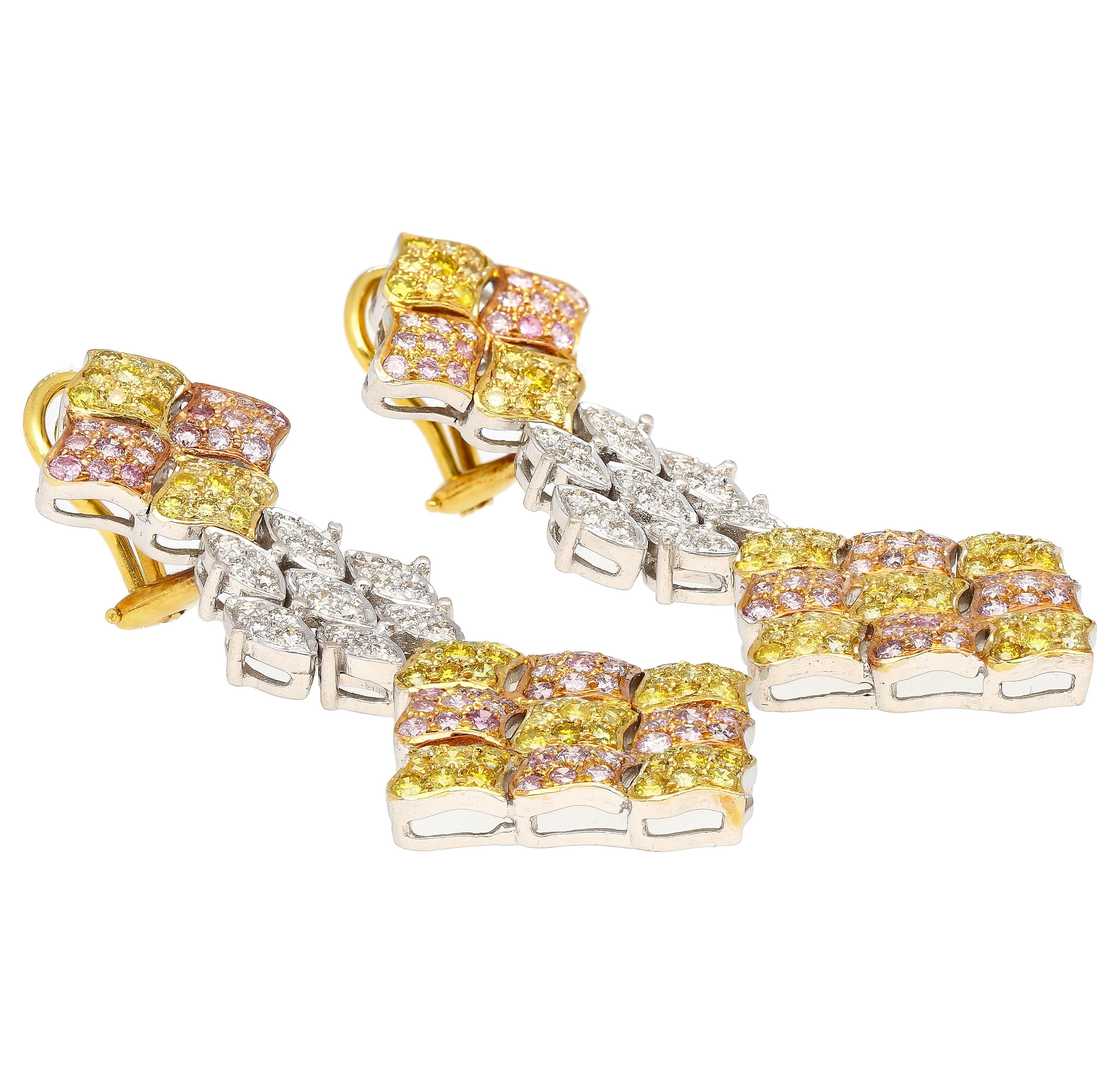 Round Cut 7.50 Carats Tricolor Diamond Drop Earrings in 18K White, Yellow & Rose Gold For Sale