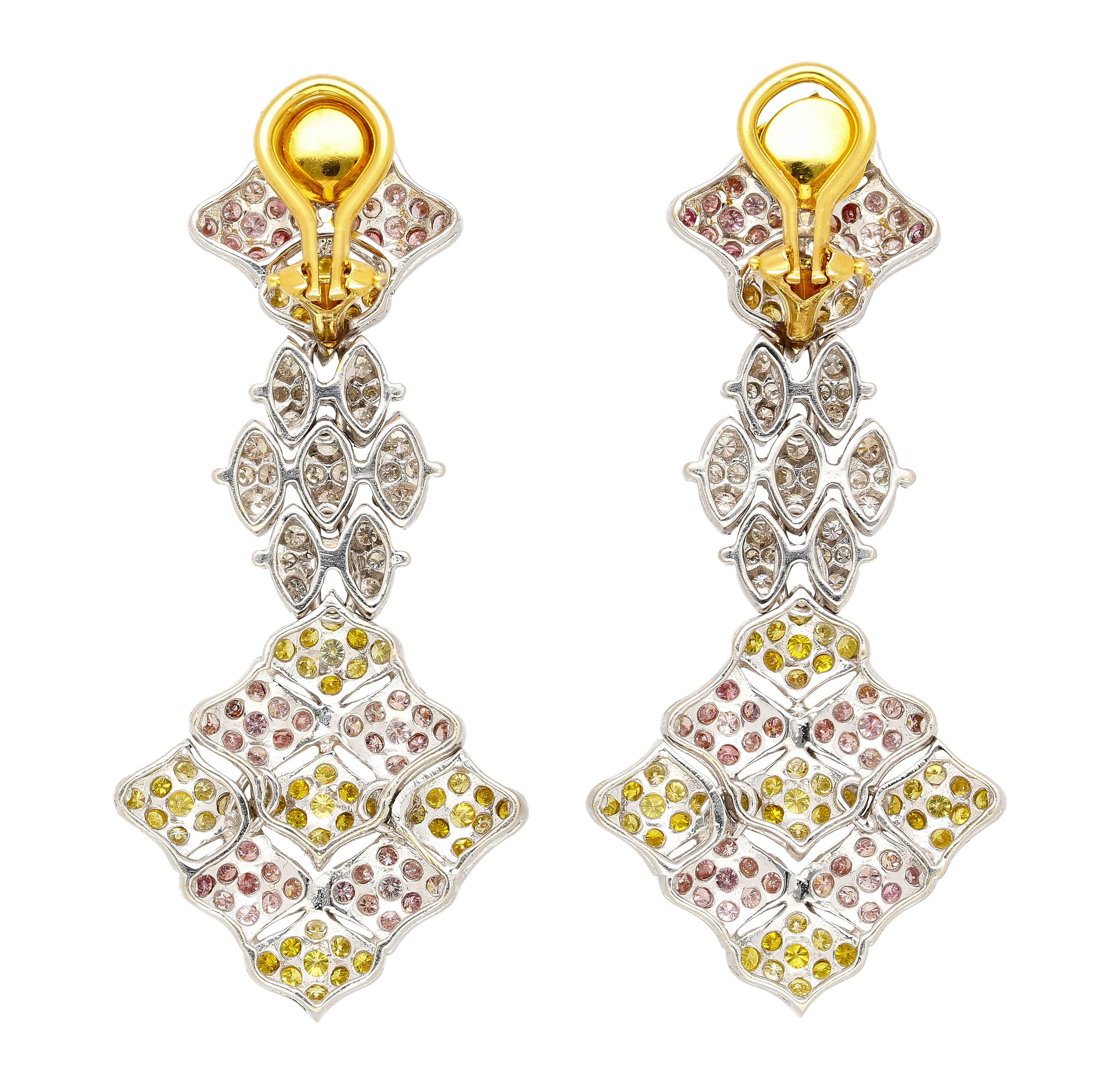 7.50 Carats Tricolor Diamond Drop Earrings in 18K White, Yellow & Rose Gold In New Condition For Sale In Miami, FL