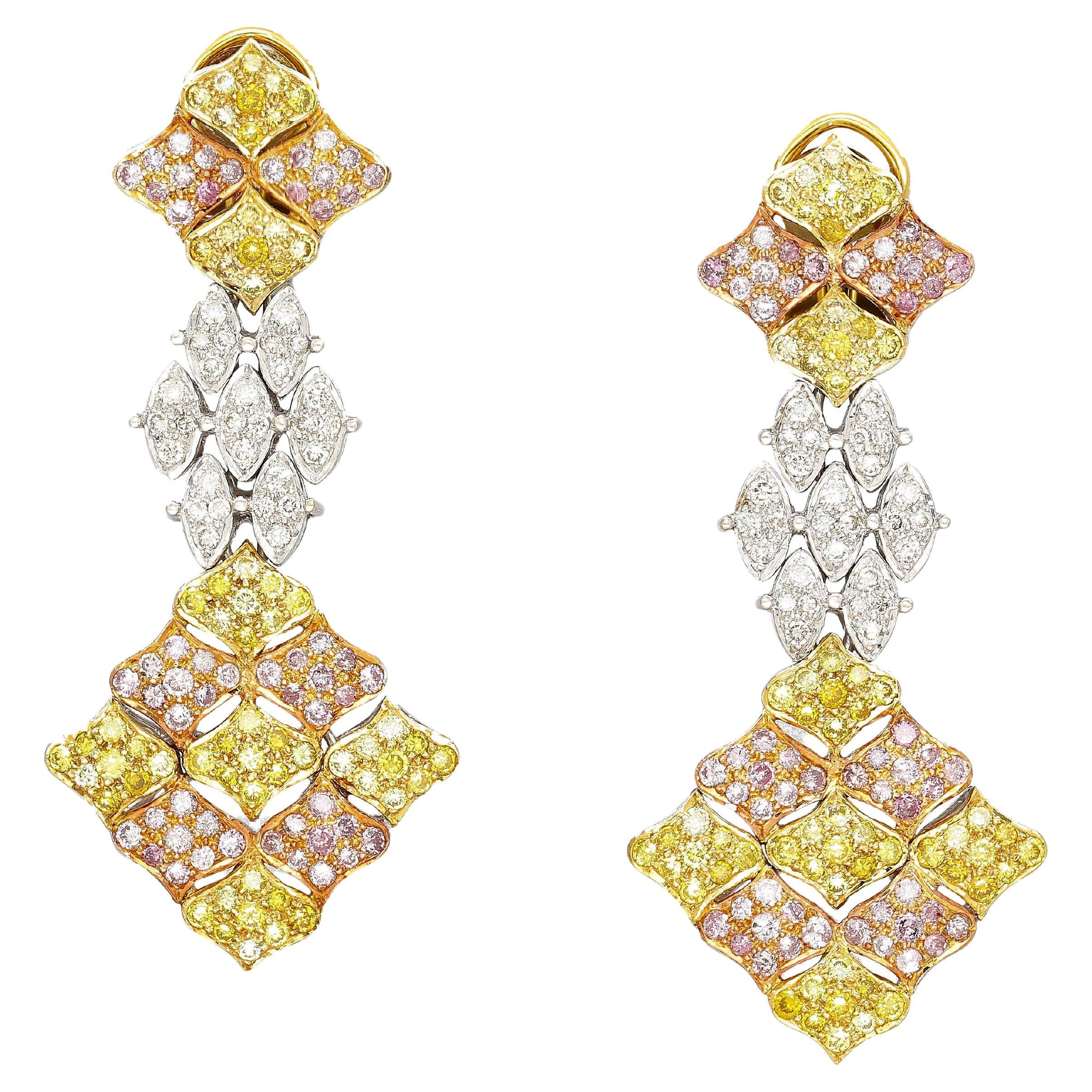 7.50 Carats Tricolor Diamond Drop Earrings in 18K White, Yellow & Rose Gold For Sale