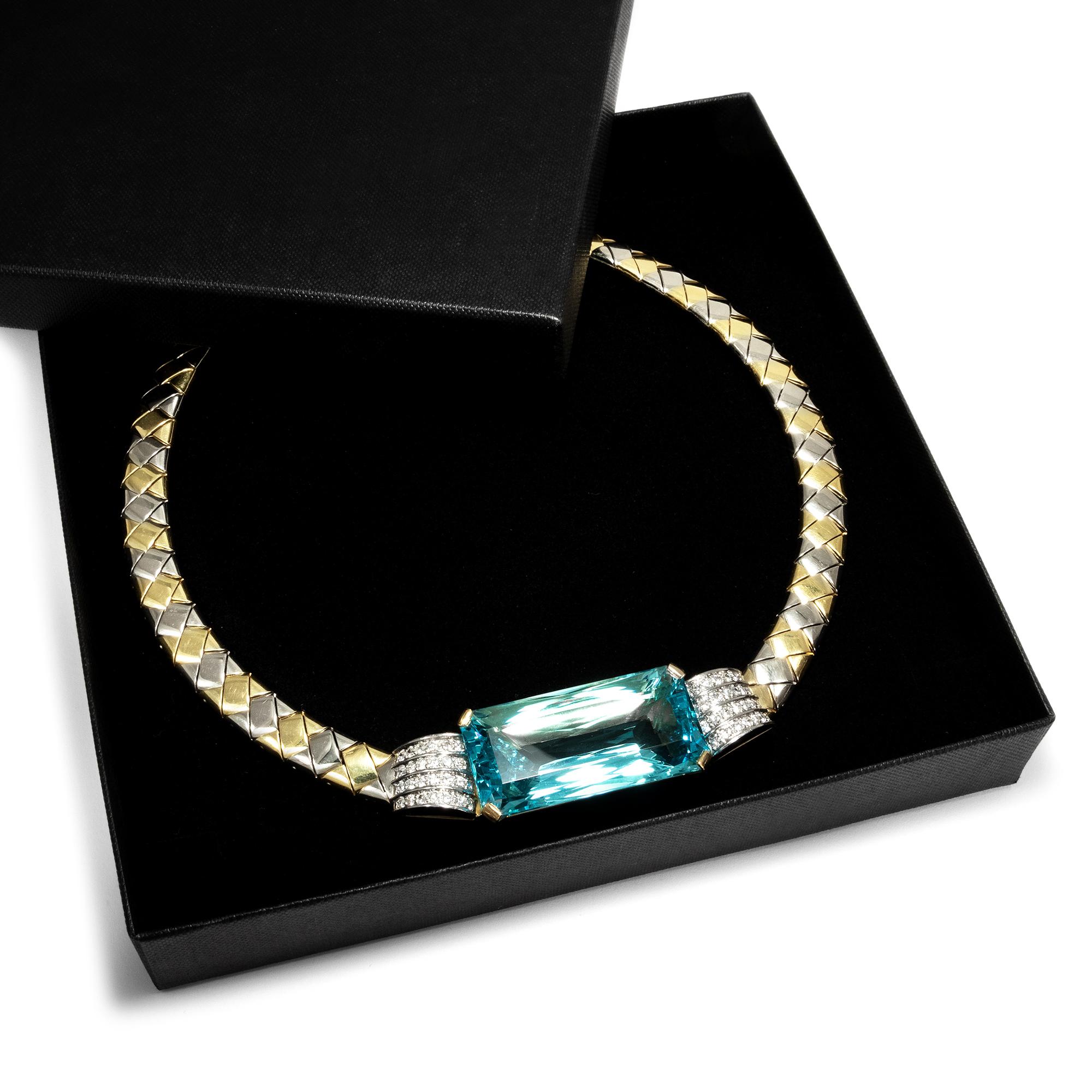 75.0 ct Aquamarine & Diamonds 18k Gold Certified Vintage 1980s Collar Necklace 3