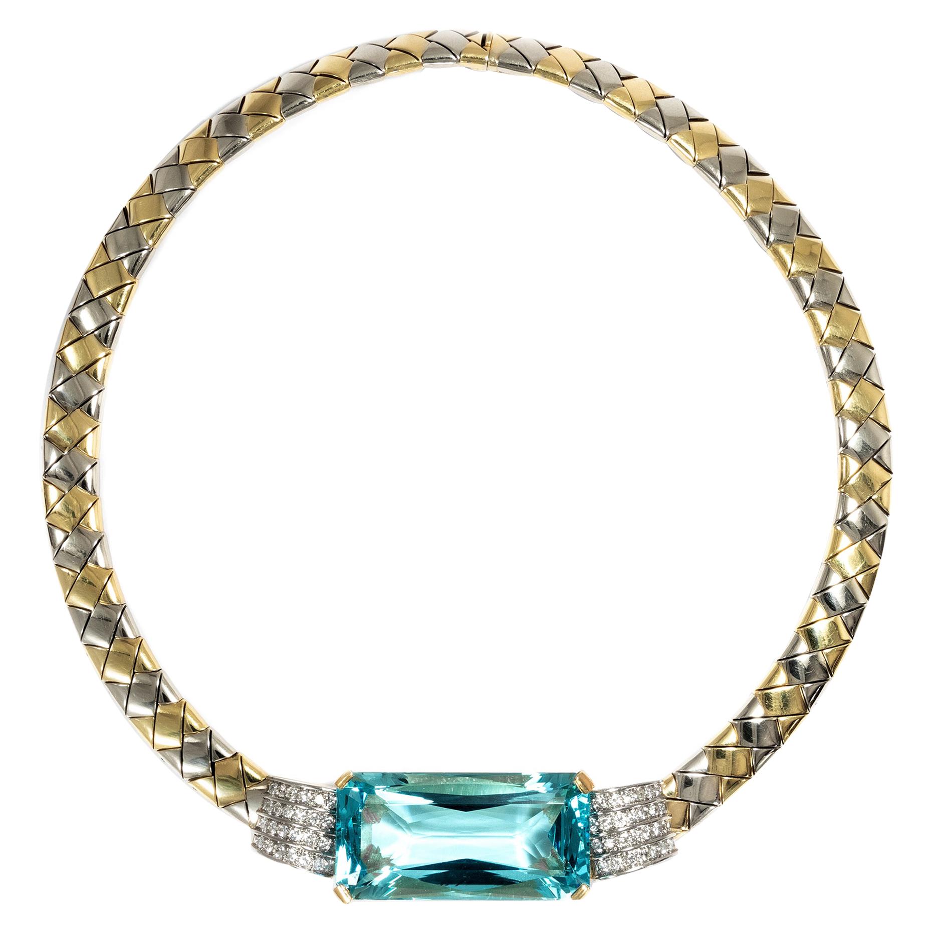 75.0 ct Aquamarine & Diamonds 18k Gold Certified Vintage 1980s Collar Necklace
