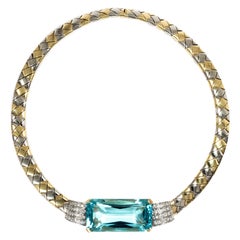 75.0 ct Aquamarine & Diamonds 18k Gold Certified Retro 1980s Collar Necklace