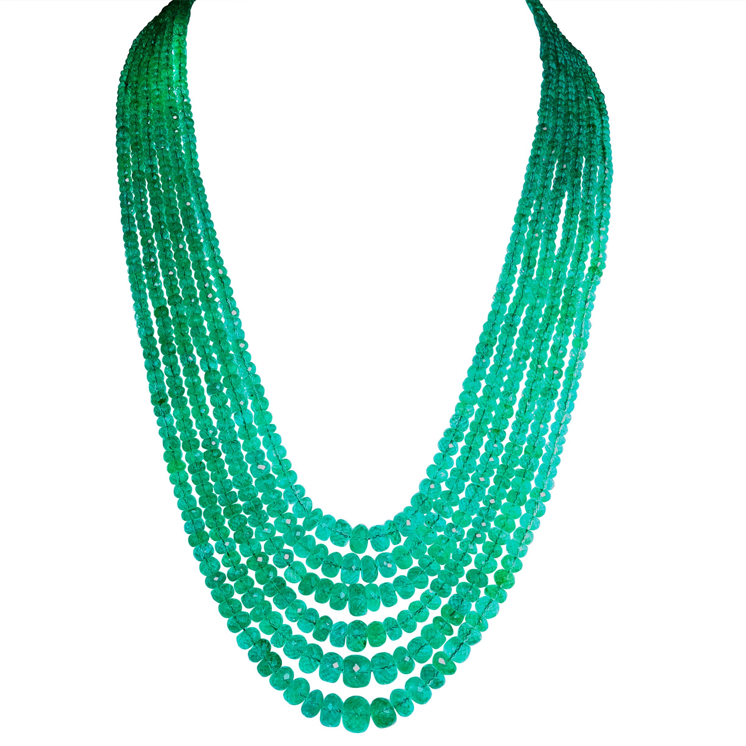 Women's 750 Ct COLOMBIAN Emerald Beads 7 Line Necklace with Clasp 18 Karat Yellow Gold
