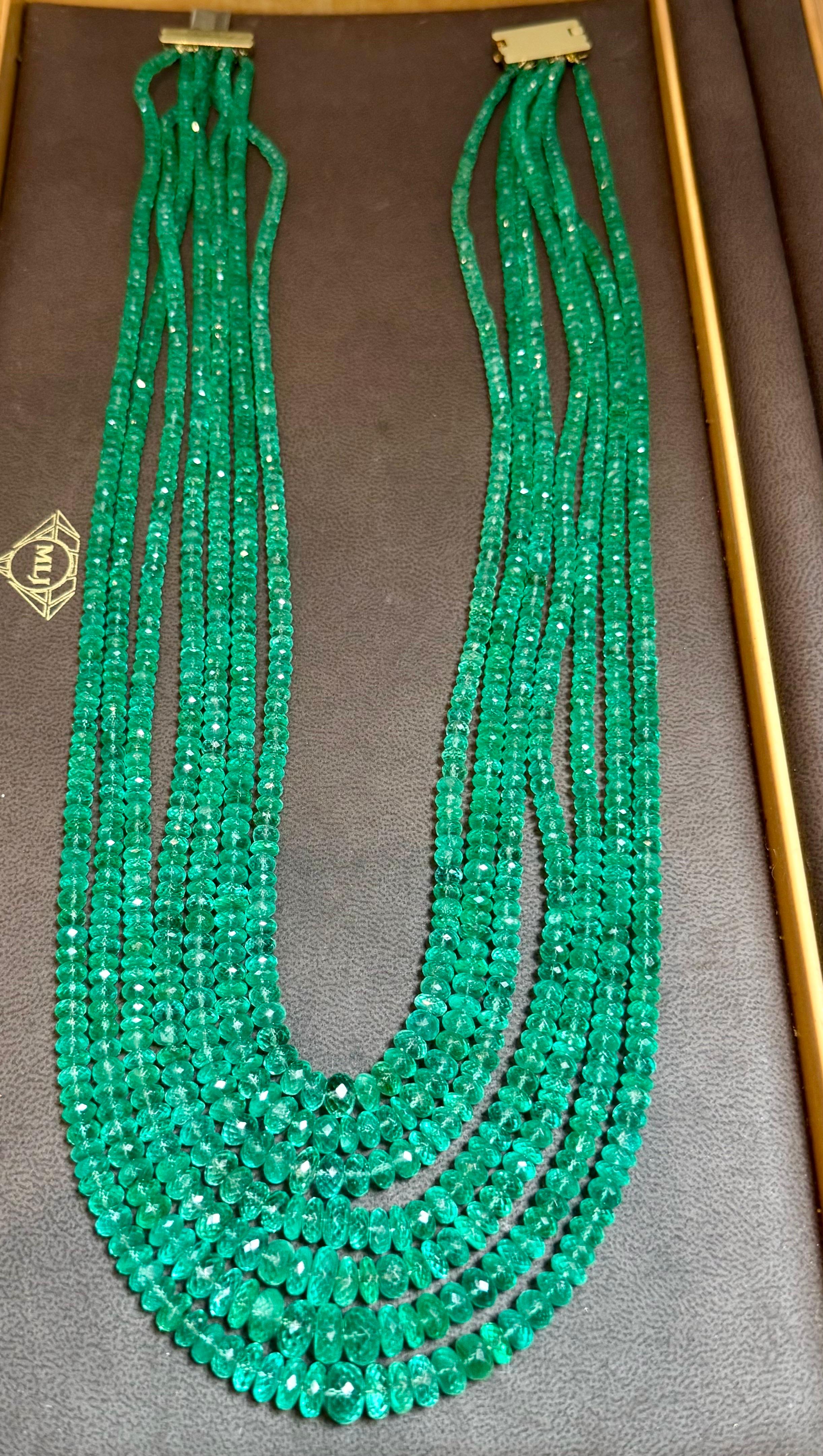 750 Ct COLOMBIAN Emerald Beads 7 Line Necklace with Clasp 18 Karat Yellow Gold 1