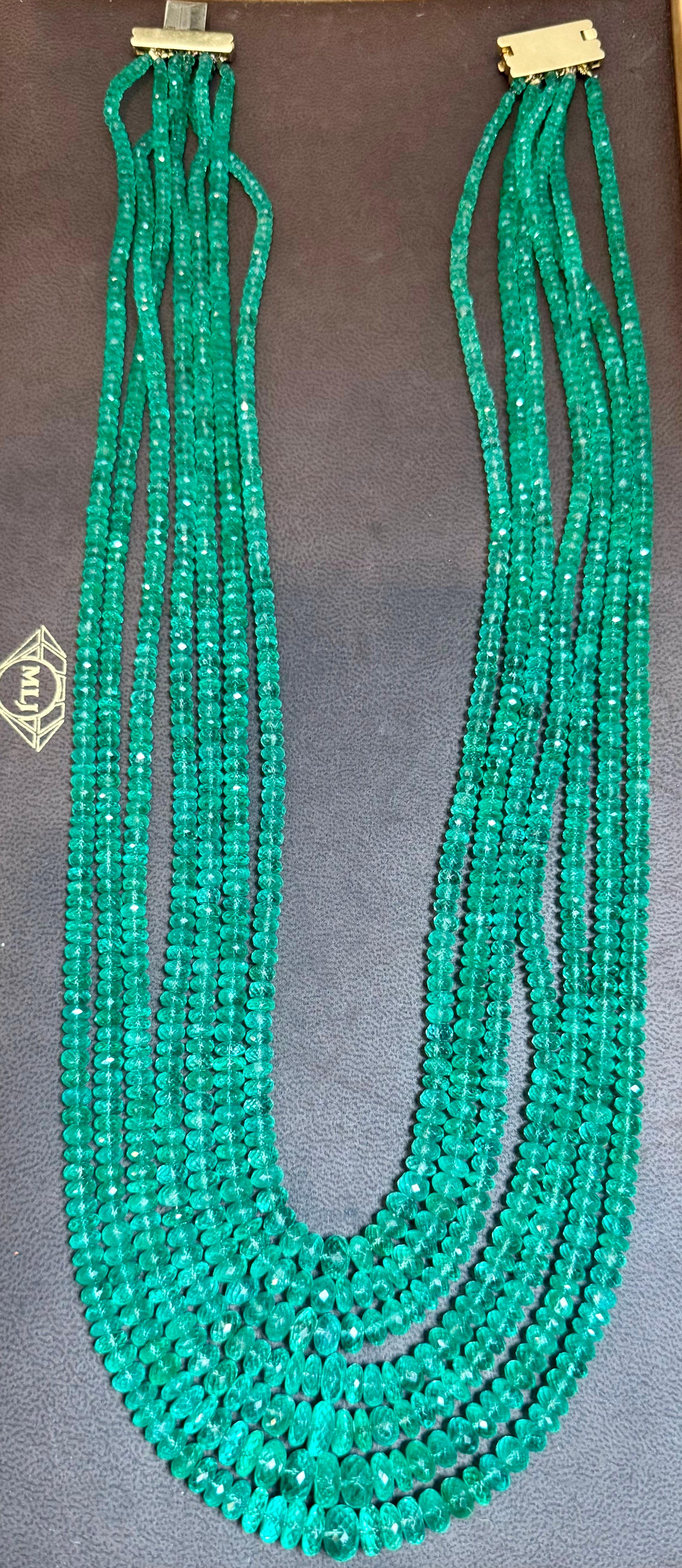 750 Ct COLOMBIAN Emerald Beads 7 Line Necklace with Clasp 18 Karat Yellow Gold 2
