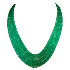 750 Ct COLOMBIAN Emerald Beads 7 Line Necklace with Clasp 18 Karat Yellow Gold