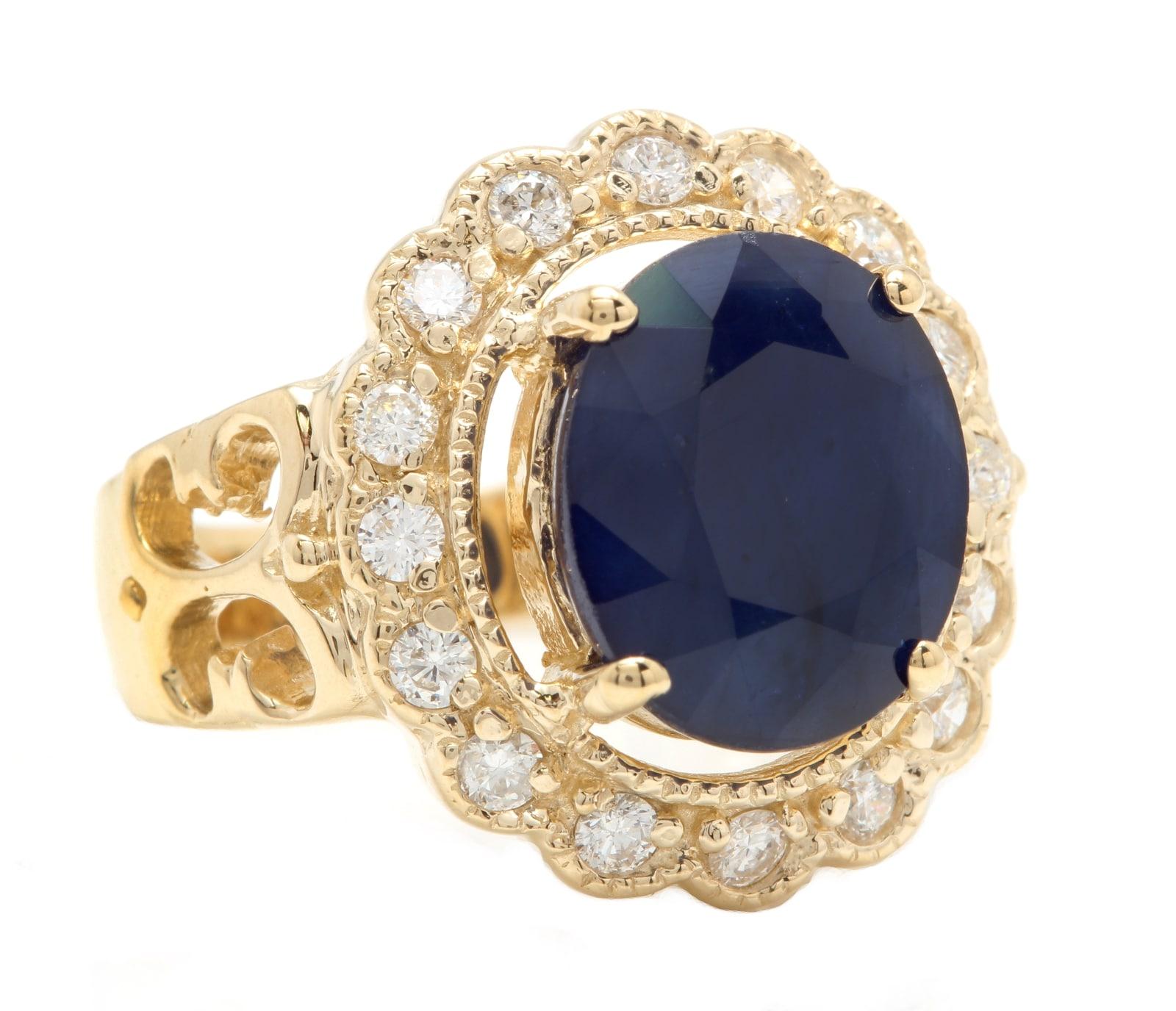 7.50 Carats Exquisite Natural Blue Sapphire and Diamond 14K Solid Yellow Gold Ring

Suggested Replacement Value $6,000.00

Total Natural Blue Sapphire Weights: Approx. 7.00 Carats 

Sapphire Measures: Approx. 12.00 x 10.00mm

Sapphire Treatment: