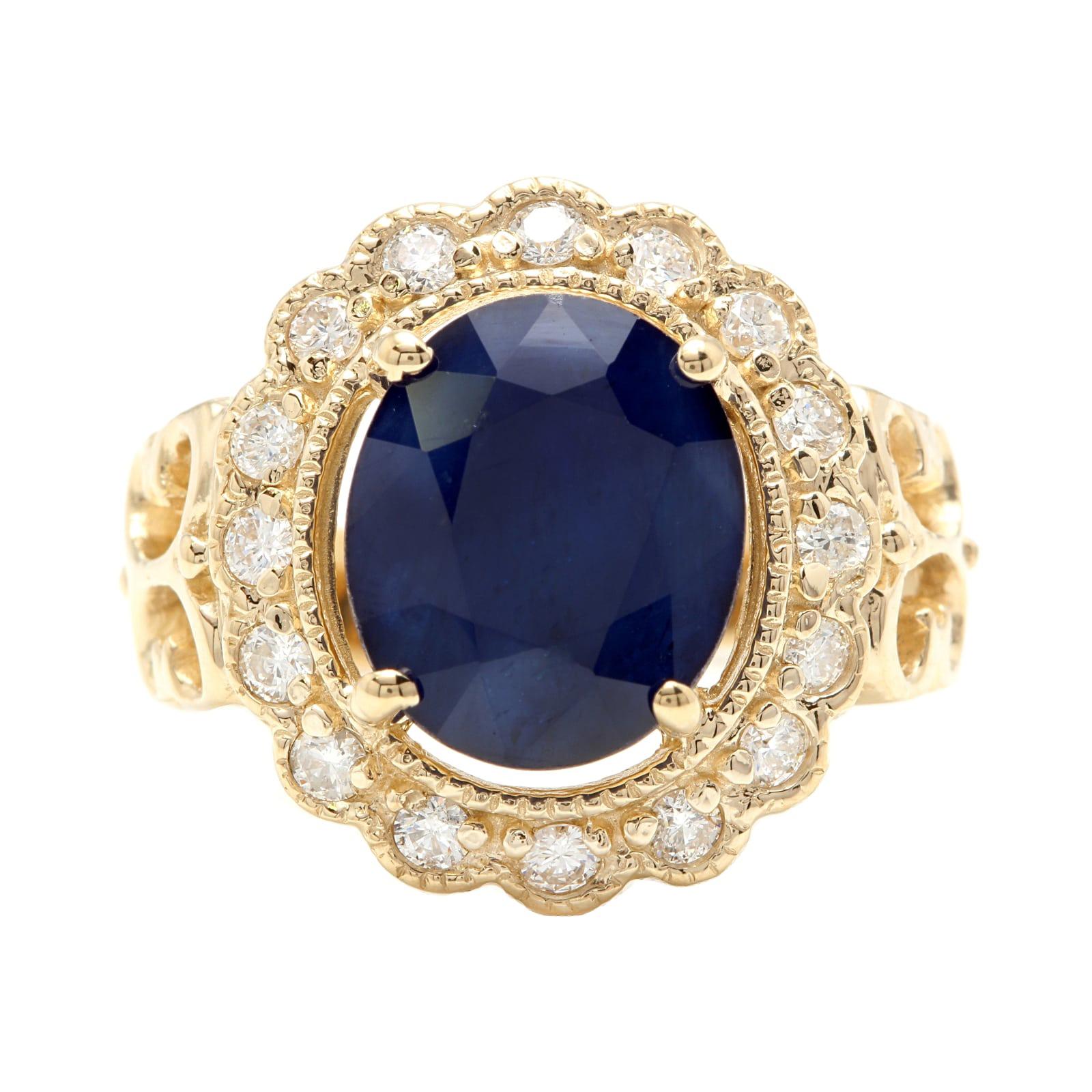 Bague en or jaune massif 14 carats avec saphir bleu naturel de 7,50 carats et diamant