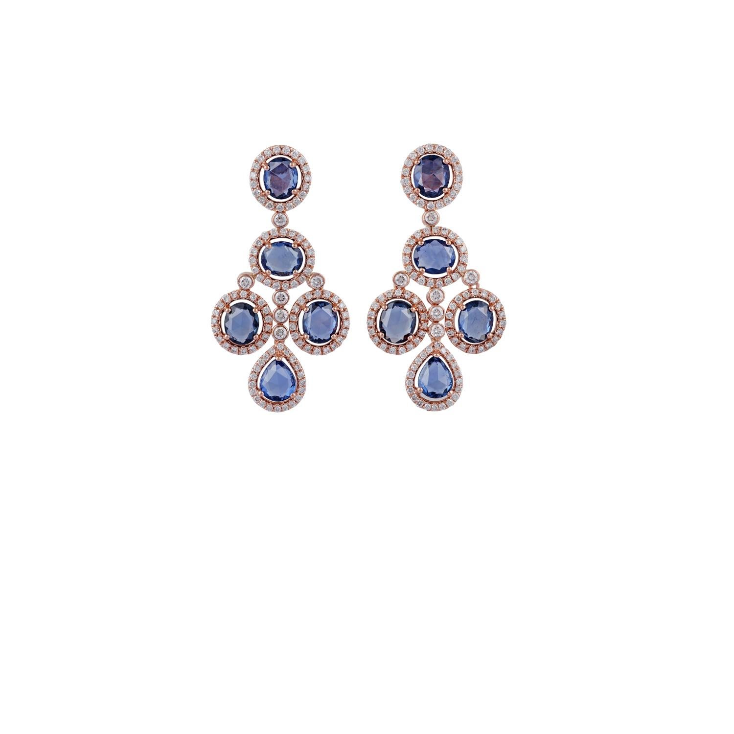 These are an exclusive earrings with sapphire & diamonds features 10 pieces of rose cut sapphires weight 7.50 carats, surrounded with 212 pieces of round brilliant cut diamonds weight 1.35 carats, these entire earrings are studded in 18k rose gold