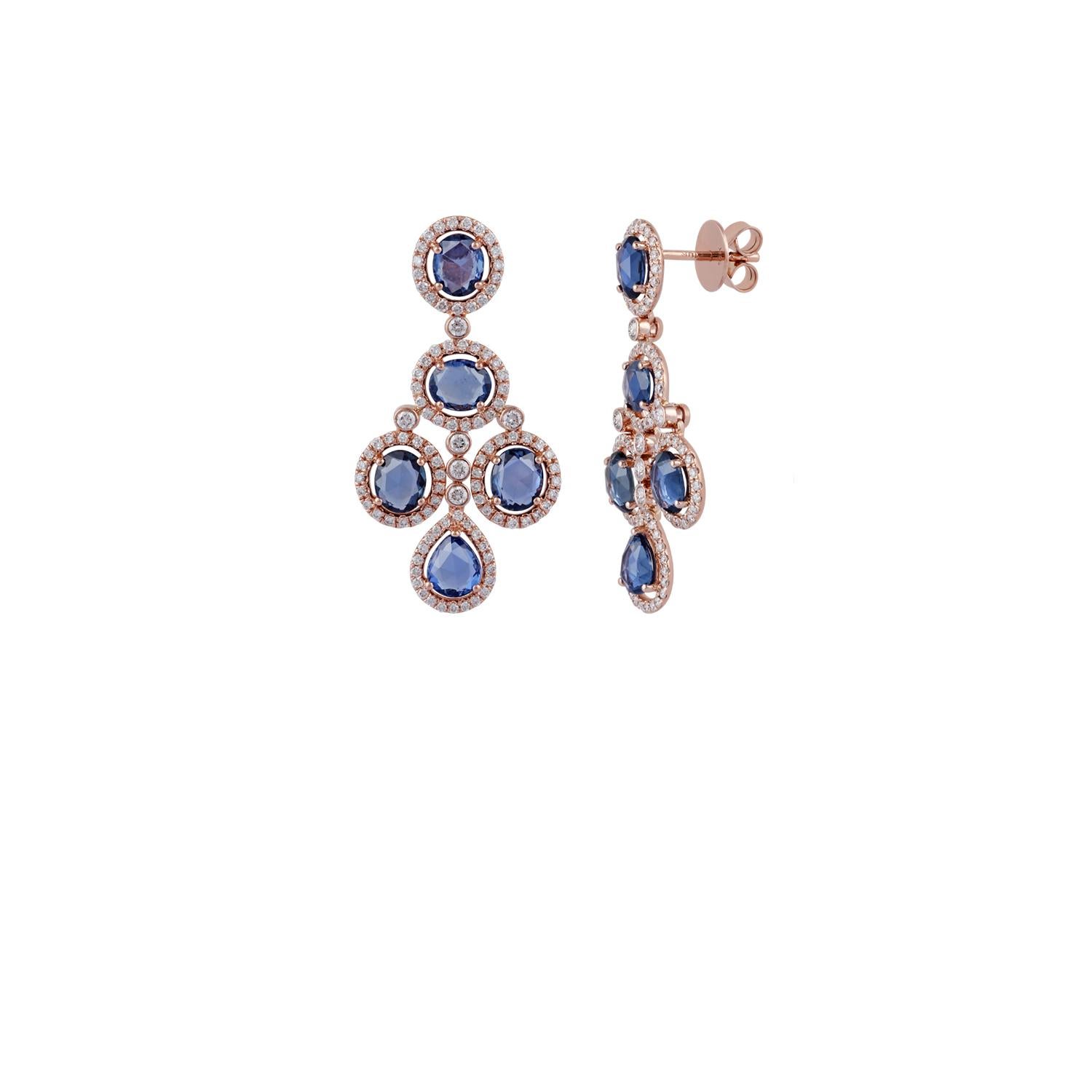 Contemporary 7.50 Sapphire & Diamond Earrings Studded in 18 Karat Rose Gold For Sale