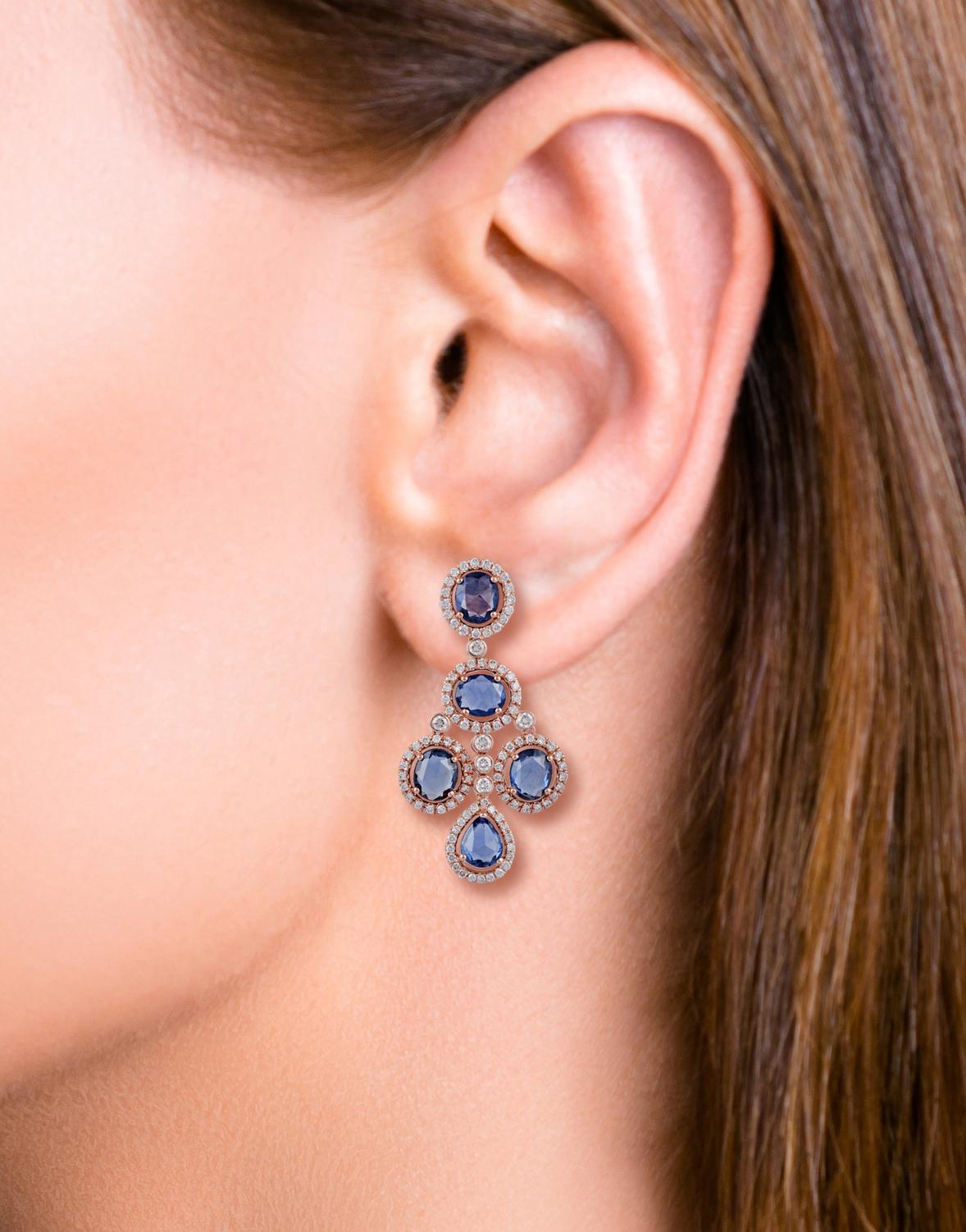 Rose Cut 7.50 Sapphire & Diamond Earrings Studded in 18 Karat Rose Gold For Sale