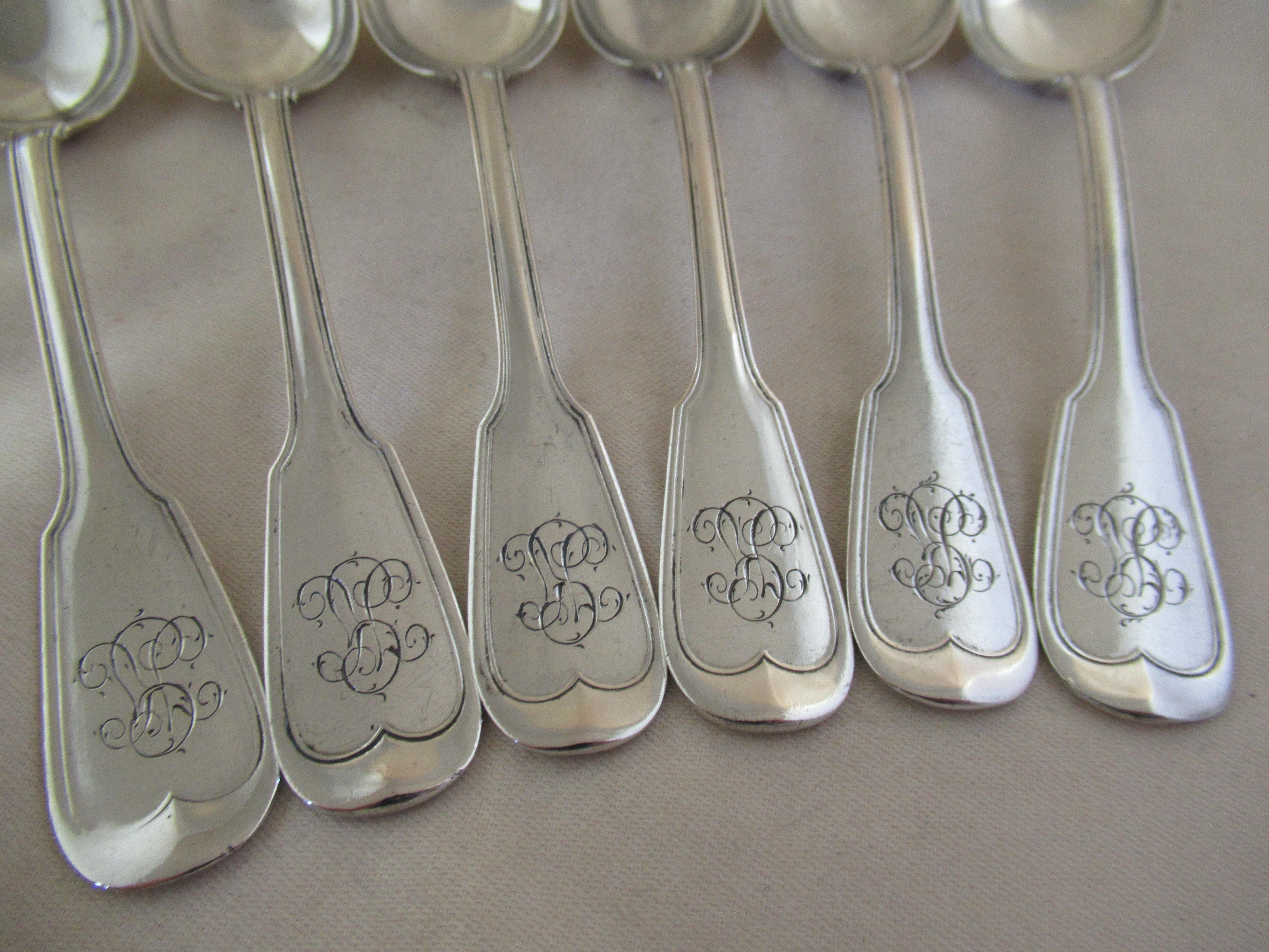 German 750 Silver Set of 6 Fiddle & Thread Large Teaspoons European For Sale