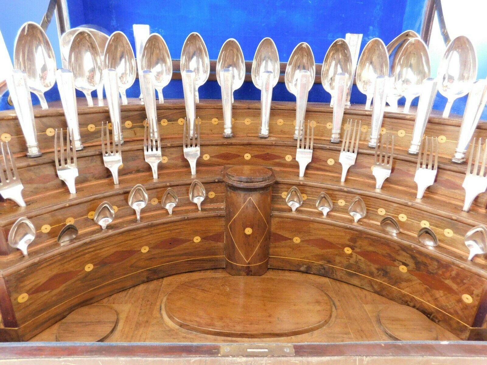750 Silver ‘Unknown’ Flatware Set Service 50 Pieces Fitted Box T Mono Vintage In Excellent Condition For Sale In Big Bend, WI