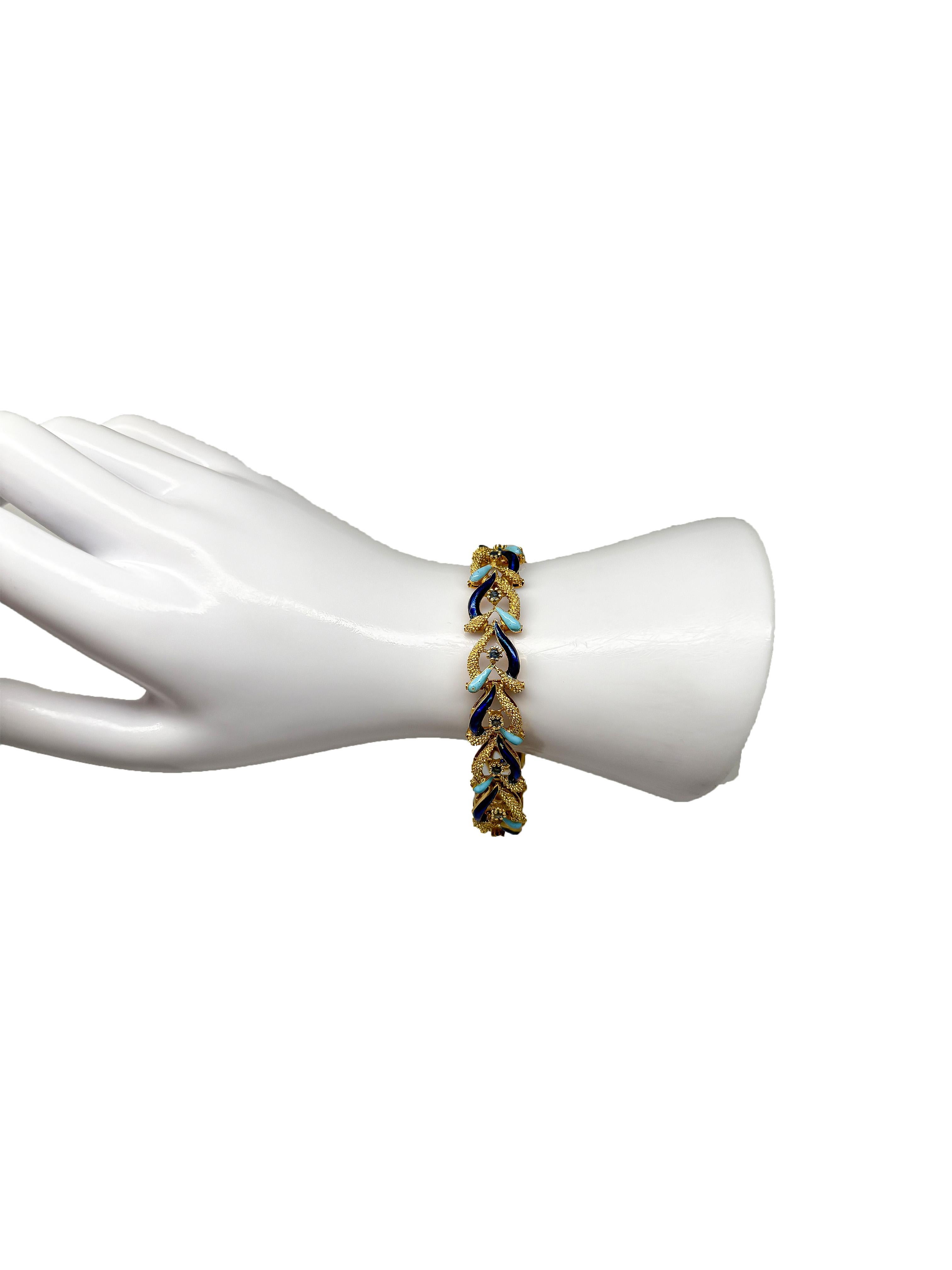 Taille brillant Or jaune 750 ; bracelet avec saphirs, émaillé en vente